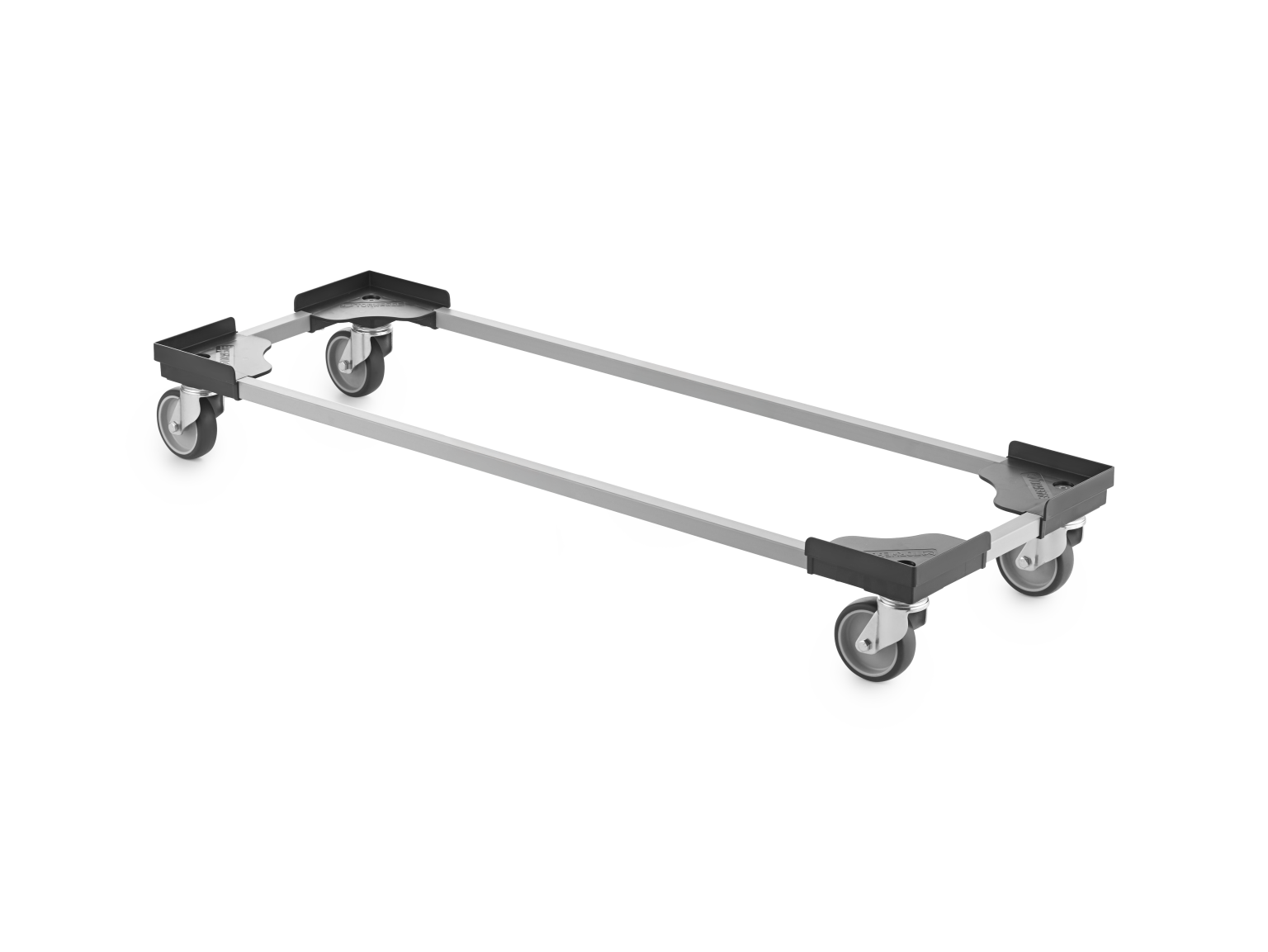 A rectangular transport trolley frame features four swivel casters at the corners. It has a metallic structure with plastic corner supports, suitable for moving various loads in industrial settings.