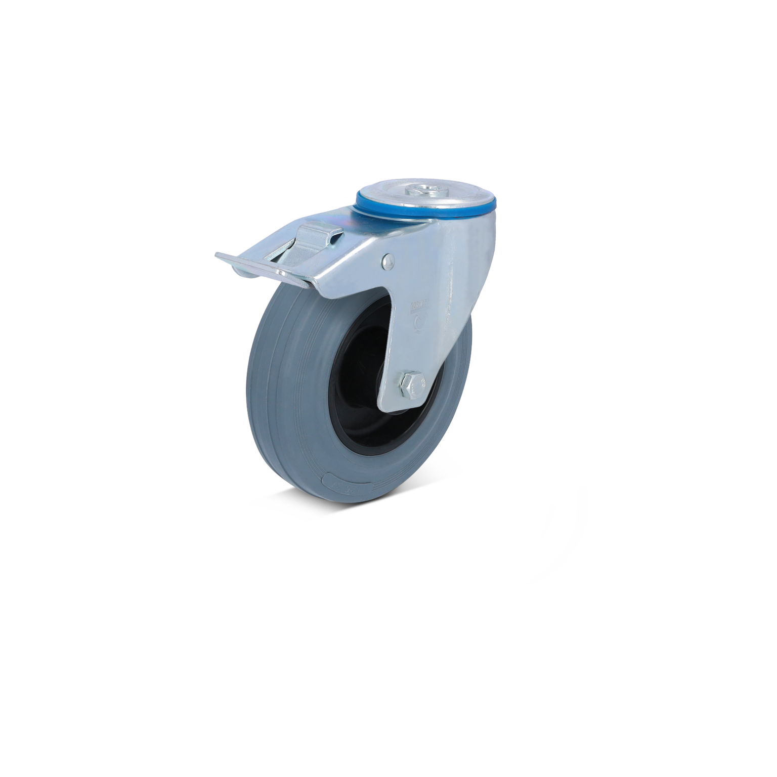 Zwenkwiel met een grijze rubberen band en een metalen montagebeugel. Het wiel heeft een gladde afwerking en is opgesteld tegen een neutrale achtergrond.