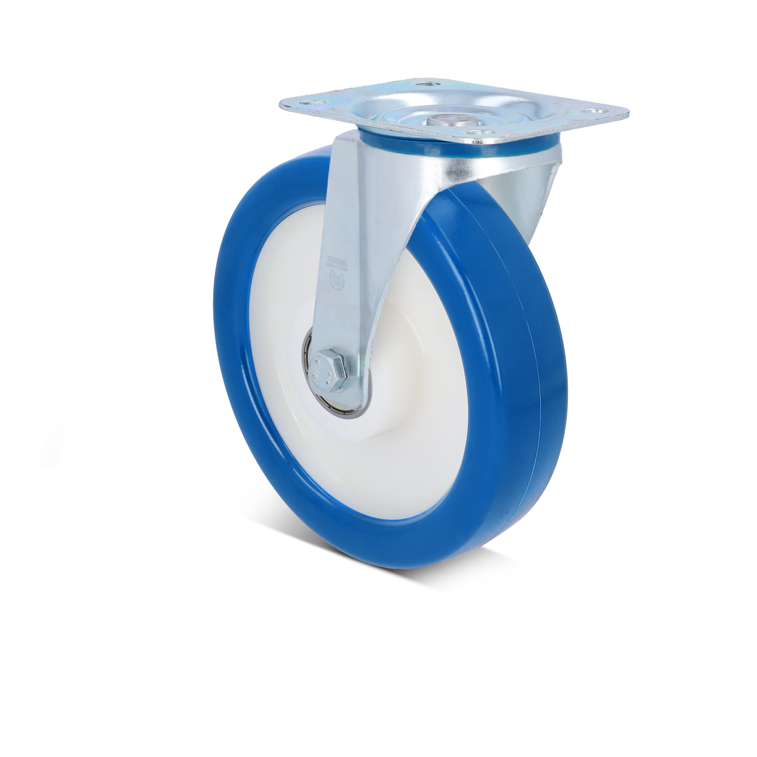 Zwenkwiel met een blauwe rubberen buitenring en een witte binnenkant, gemonteerd op een metalen plaat. De bevestiging is zichtbaar met een bout en schroefdraad. De achtergrond is zwart.