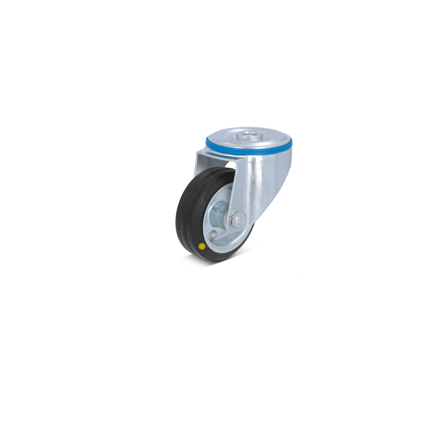 A swivel castor wheel features a rubber tire and a metallic frame with a blue band. The mounting plate appears robust, suited for industrial use, isolated against a dark background.