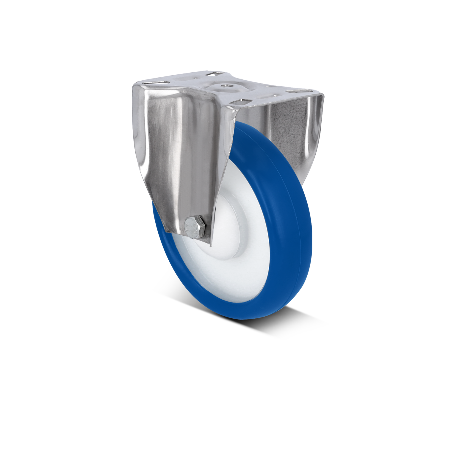 Blauwe wiel met een witte rand en een metalen montagesteun. Het wiel is ontworpen om soepel te bewegen, gesitueerd op een zwarte achtergrond.