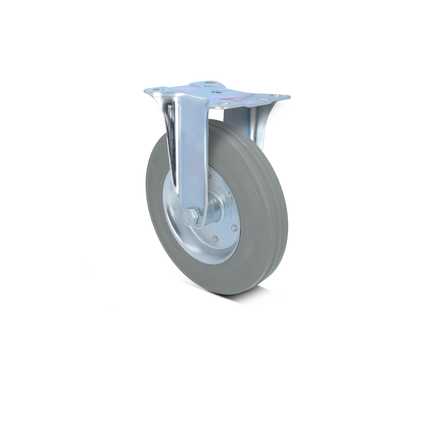 A grey industrial wheel with a metal plate and swivel mount is showcased. The wheel has a smooth surface and is positioned upright against a blank background, emphasizing its design for material handling applications.