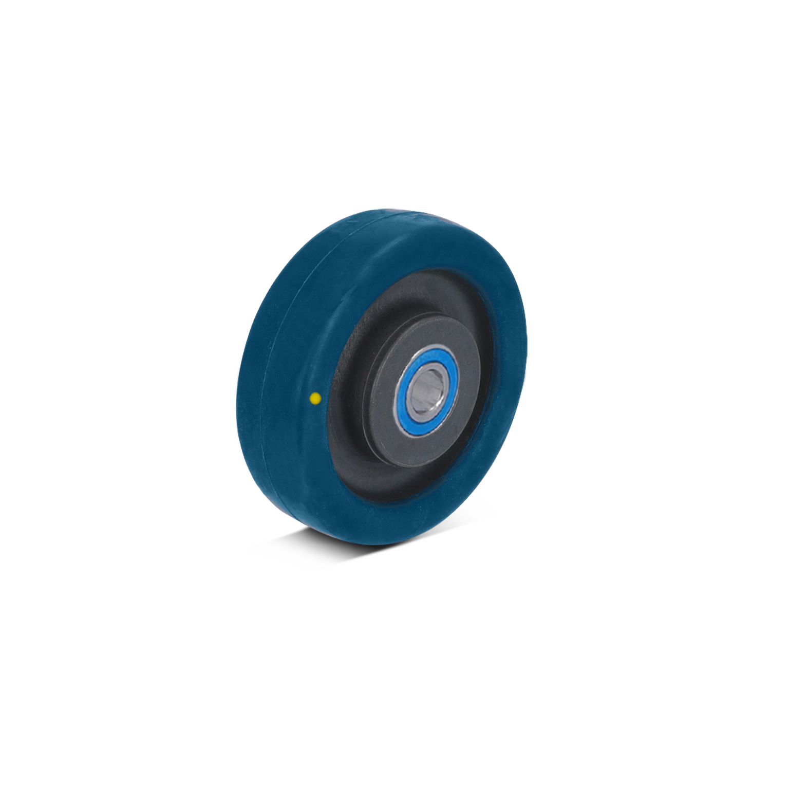 Een industrieel wiel met een blauwe rubberen buitenrand en een metalen lager in het midden. Het is geplaatst op een neutrale achtergrond, gericht op de functionaliteit in intralogistiek.