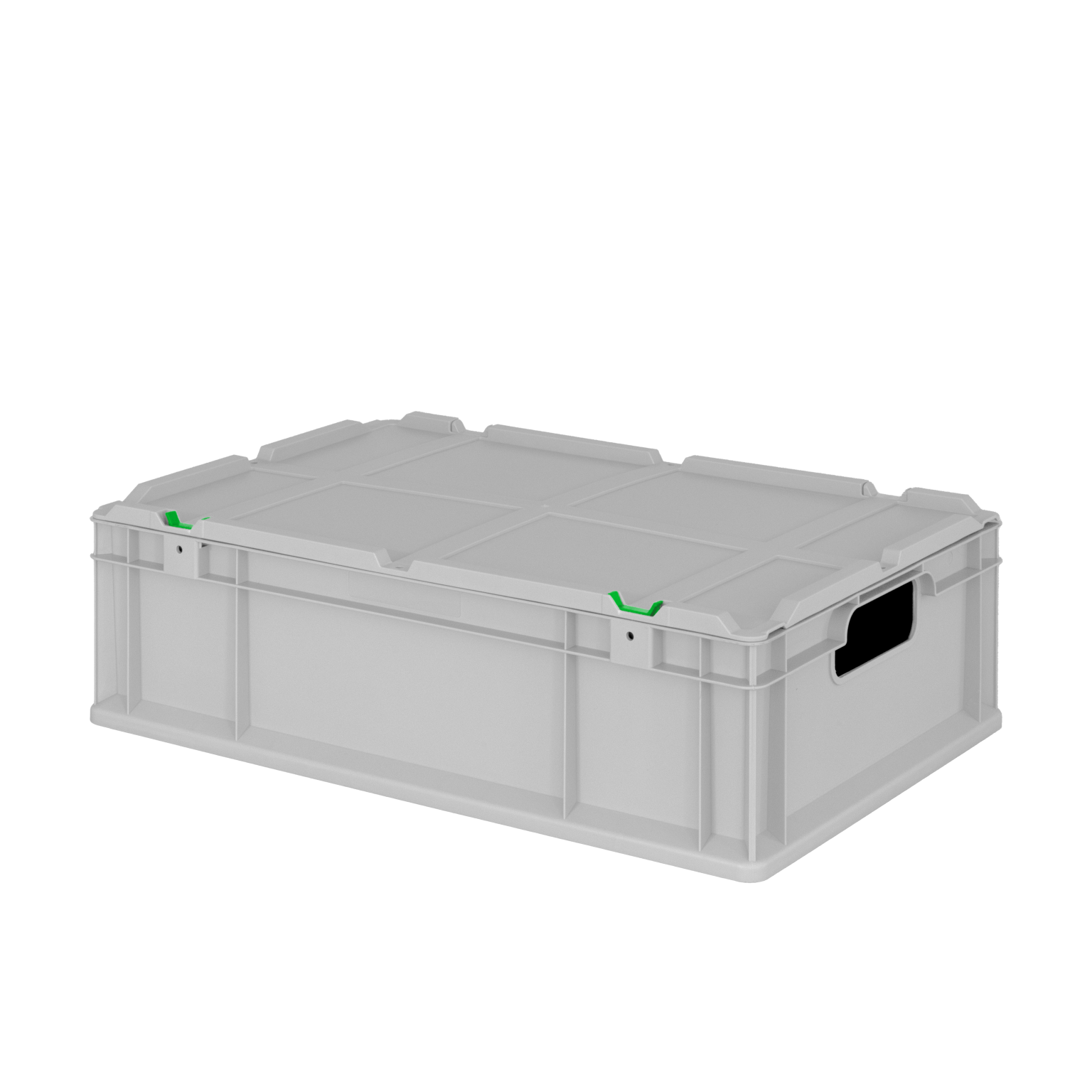 A gray plastic storage box is shown with a flat lid, featuring green clips for securing the lid. It includes handles on the sides for easy carrying, set against a blank background.