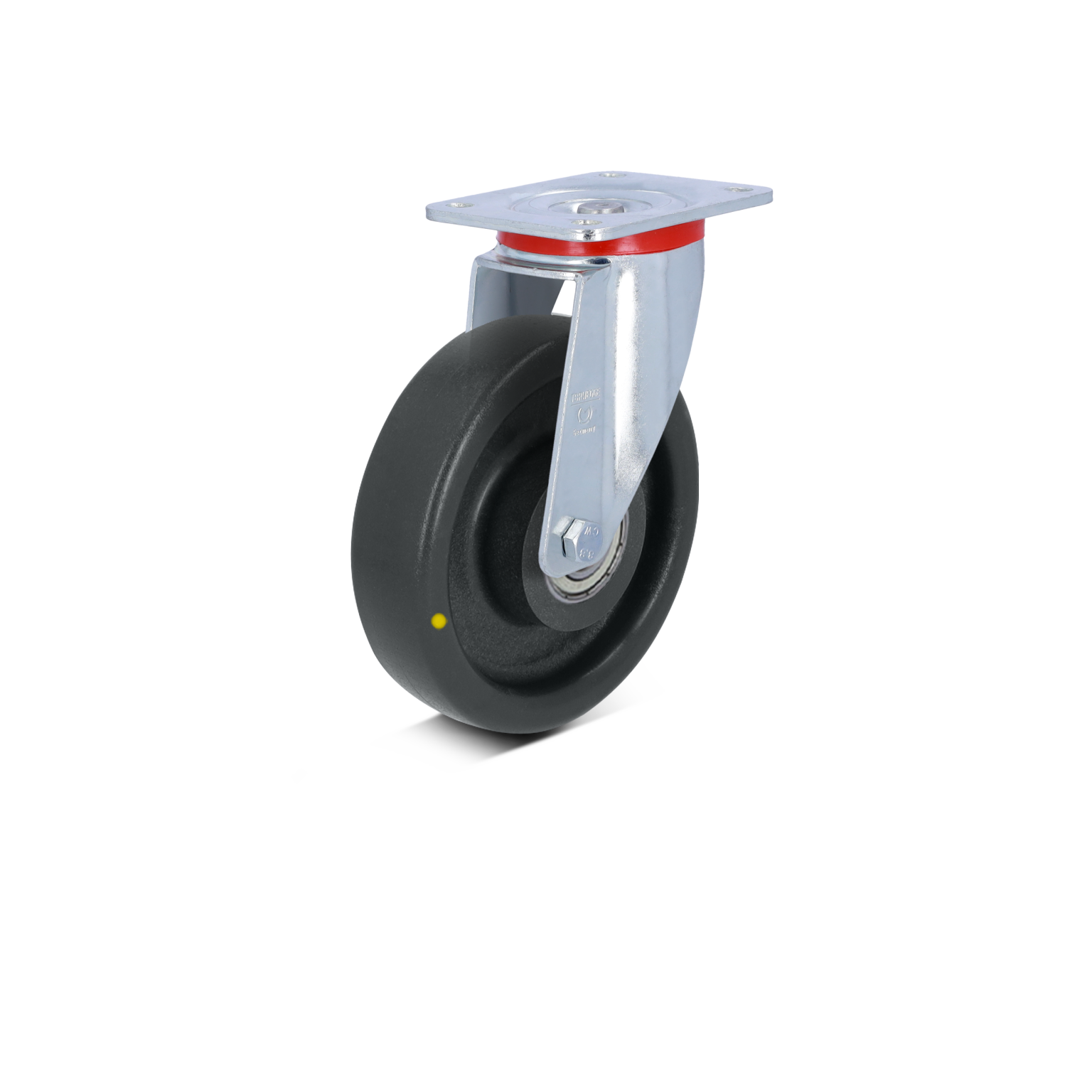 A black rubber wheel is mounted on a shiny metal swivel plate. The wheel features a central hub and is designed for smooth movement, typically used in industrial applications.