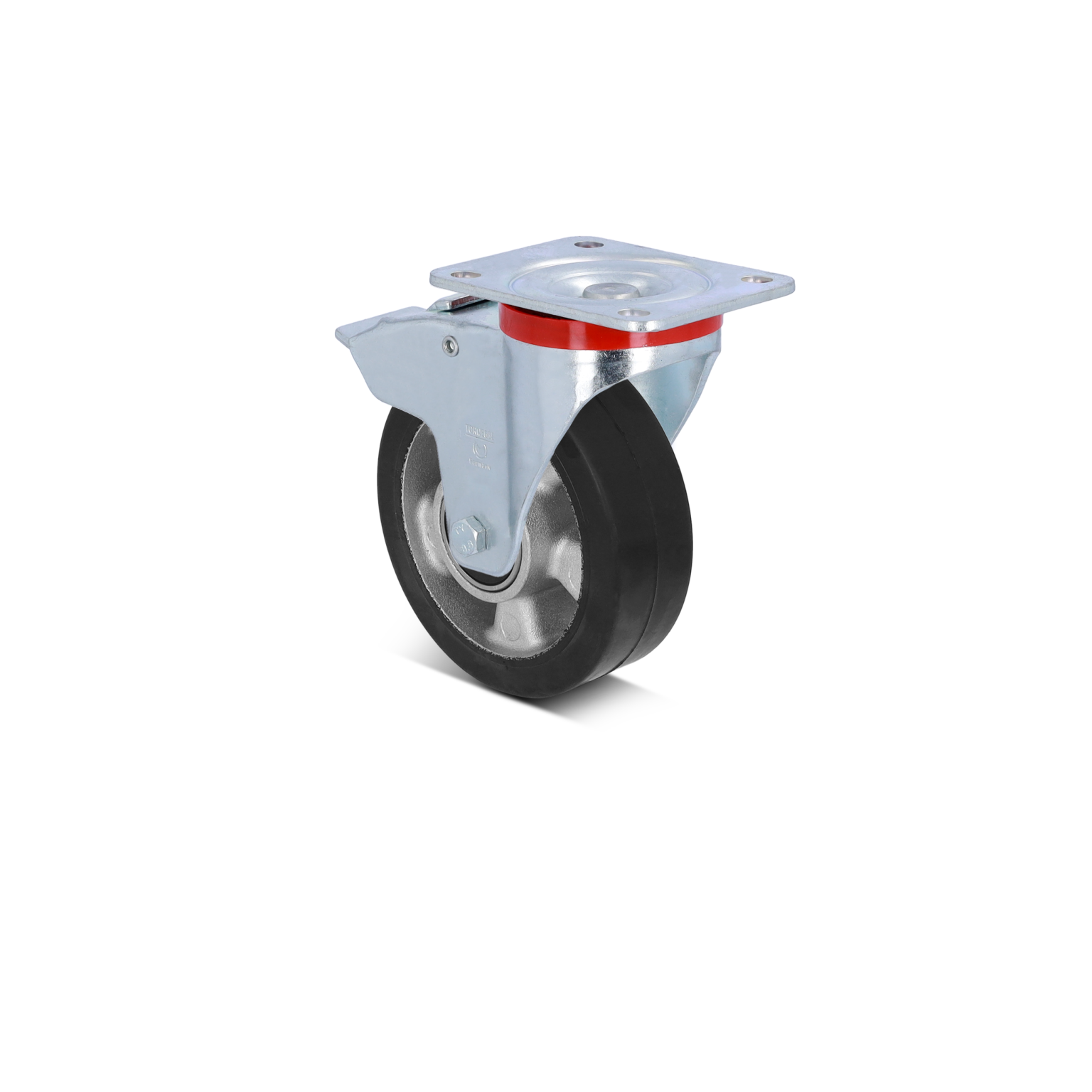 Gummirad mit einem Metall-Montageplatte. Das Rad ist schwarz, hat eine metallische Struktur und eine thermoplastische Gummibeschichtung. Die Halterung ist aus verchromtem Stahl gefertigt und glänzt.