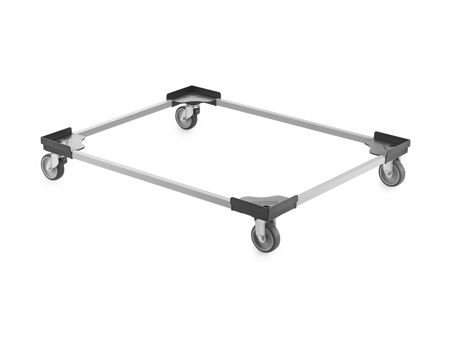 A square transport platform features four sturdy castors and a metallic frame. The castors are mounted at each corner, providing mobility for transporting goods in an industrial setting.