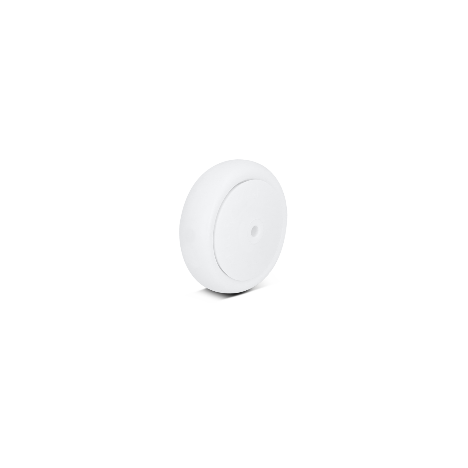 A white industrial wheel features a smooth surface with a central mounting hole. It is positioned at an angle, displaying its rounded edge against a simple background.
