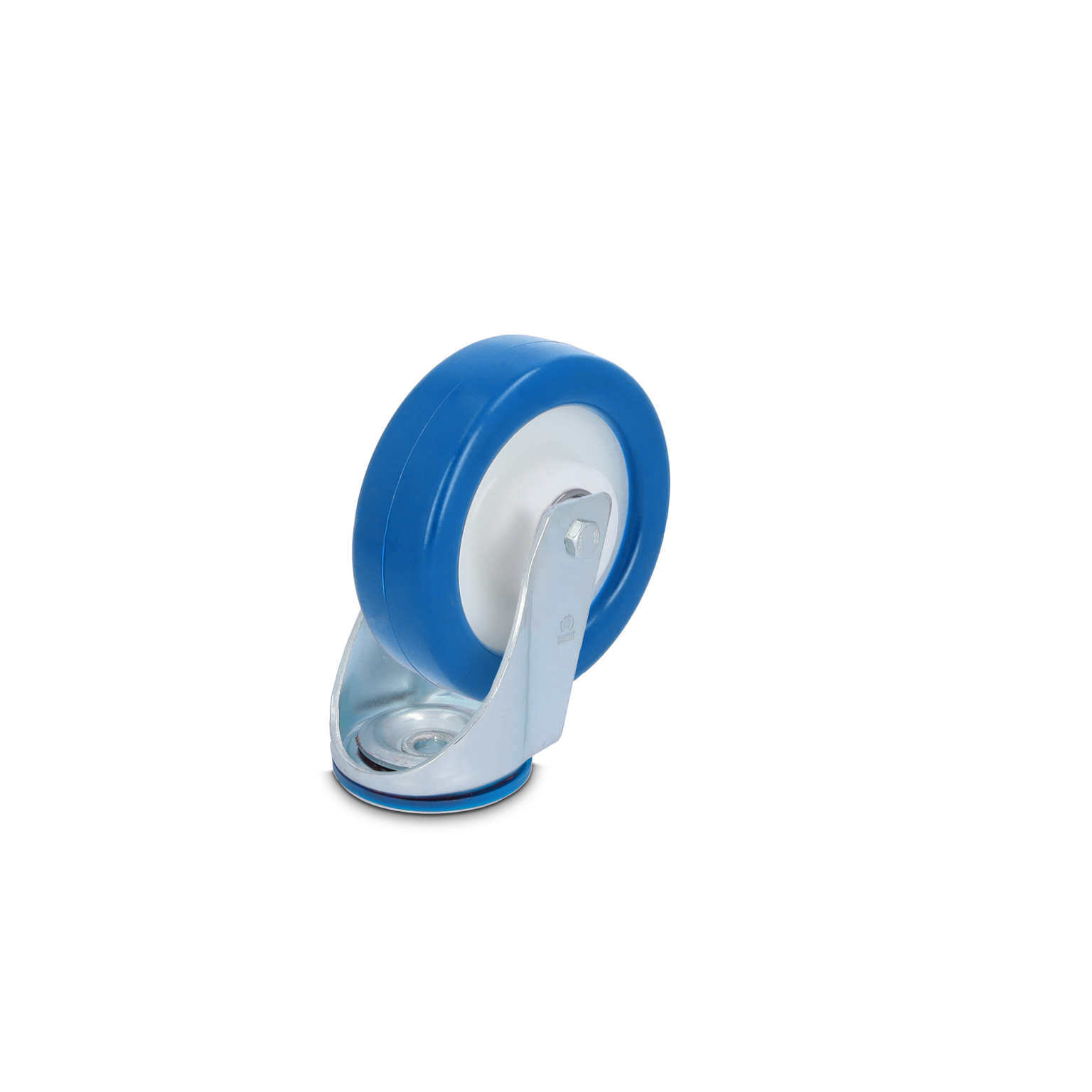 Blauwe rubberen wiel met een witte binnenring, gemonteerd op een metalen oppervlak. Het heeft een draaipunt en bevindt zich op een neutrale achtergrond.