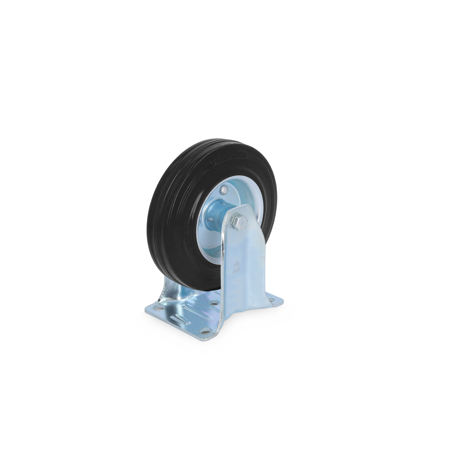 Industrial swivel caster featuring a black rubber wheel and a metallic blue mounting plate. The wheel is designed for mobility in various material handling applications, with a sturdy base for stability.
