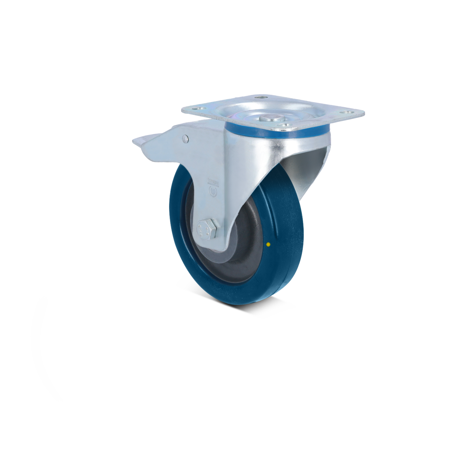 Zwenkwiel met een blauwe kunststof band en een metalen montageplaat. De schijf is ontworpen voor soepele beweging in een industriële omgeving, geplaatst tegen een neutrale achtergrond.