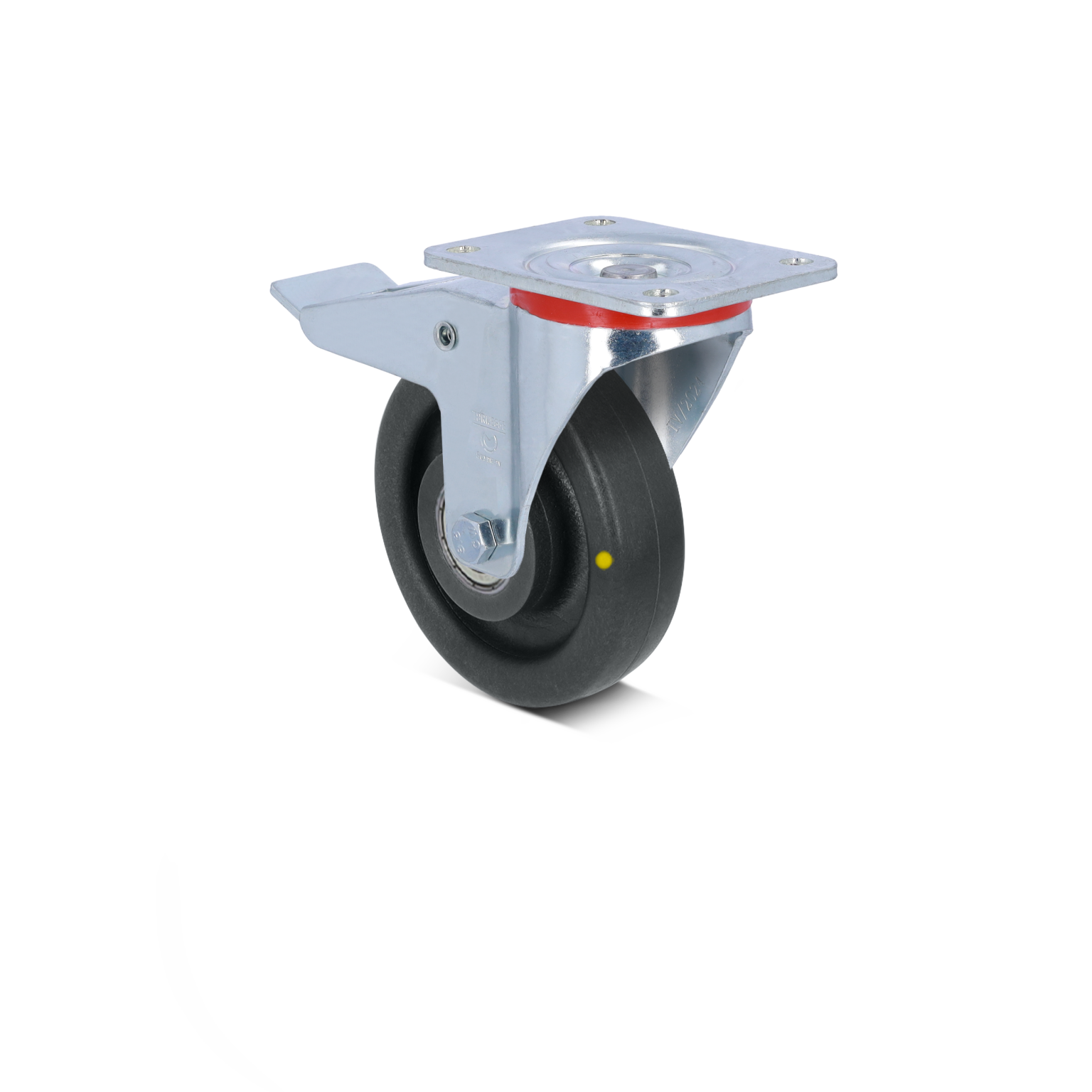 A black rubber wheel with a shiny silver metal mounting bracket is positioned upright, featuring a swivel mechanism. The mount has four holes for secure attachment, set against a bright blue background.