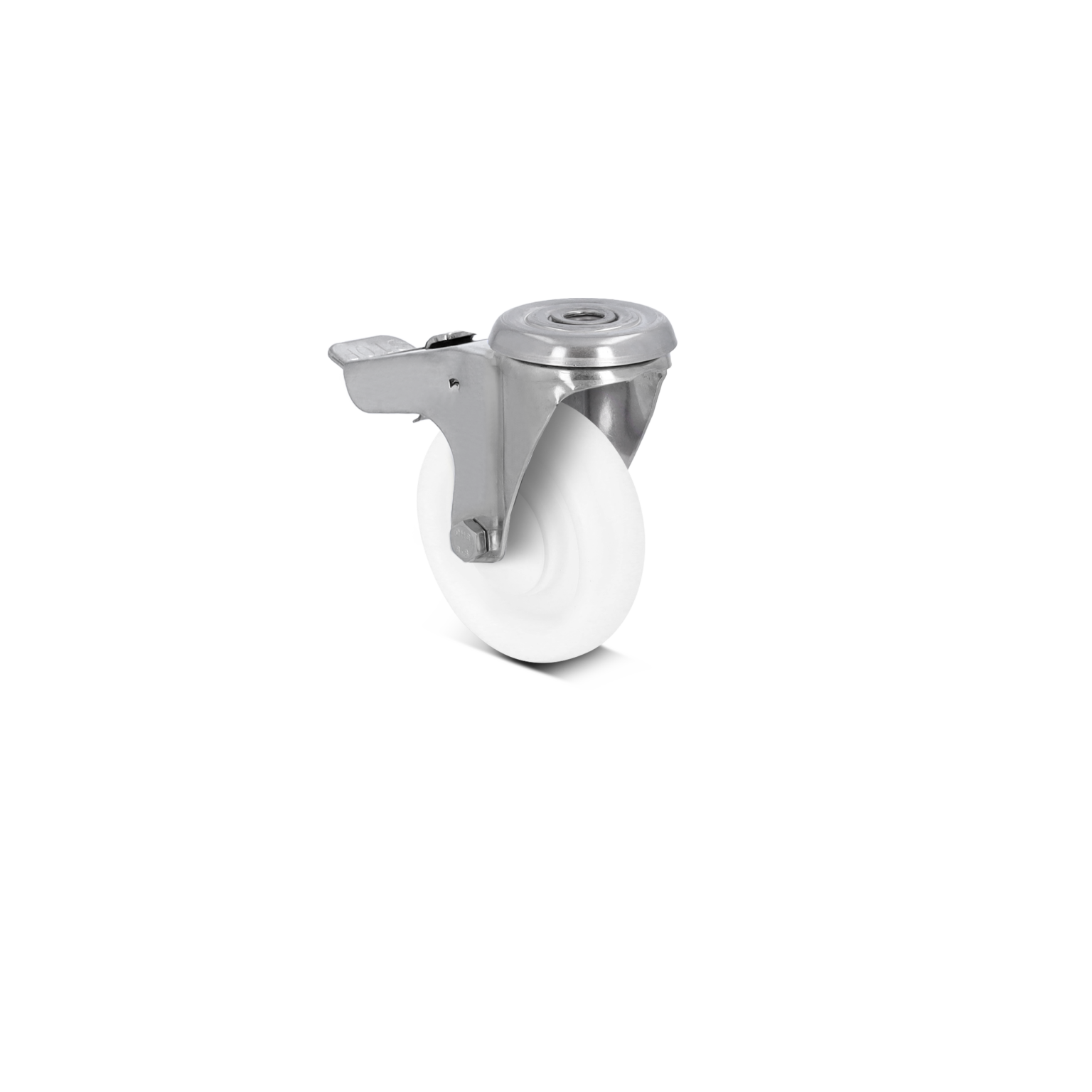 White industrial wheel with a metallic mount, featuring a sturdy construction and a flat swivel base for easy maneuverability. The background is a blank surface, emphasizing the wheel-s design.