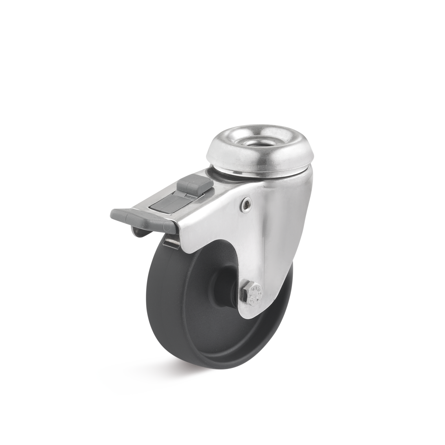 A swivel castor features a black wheel made of rubber, mounted on a silver metal bracket with a locking mechanism. It is positioned upright against a plain background, highlighting its industrial design.