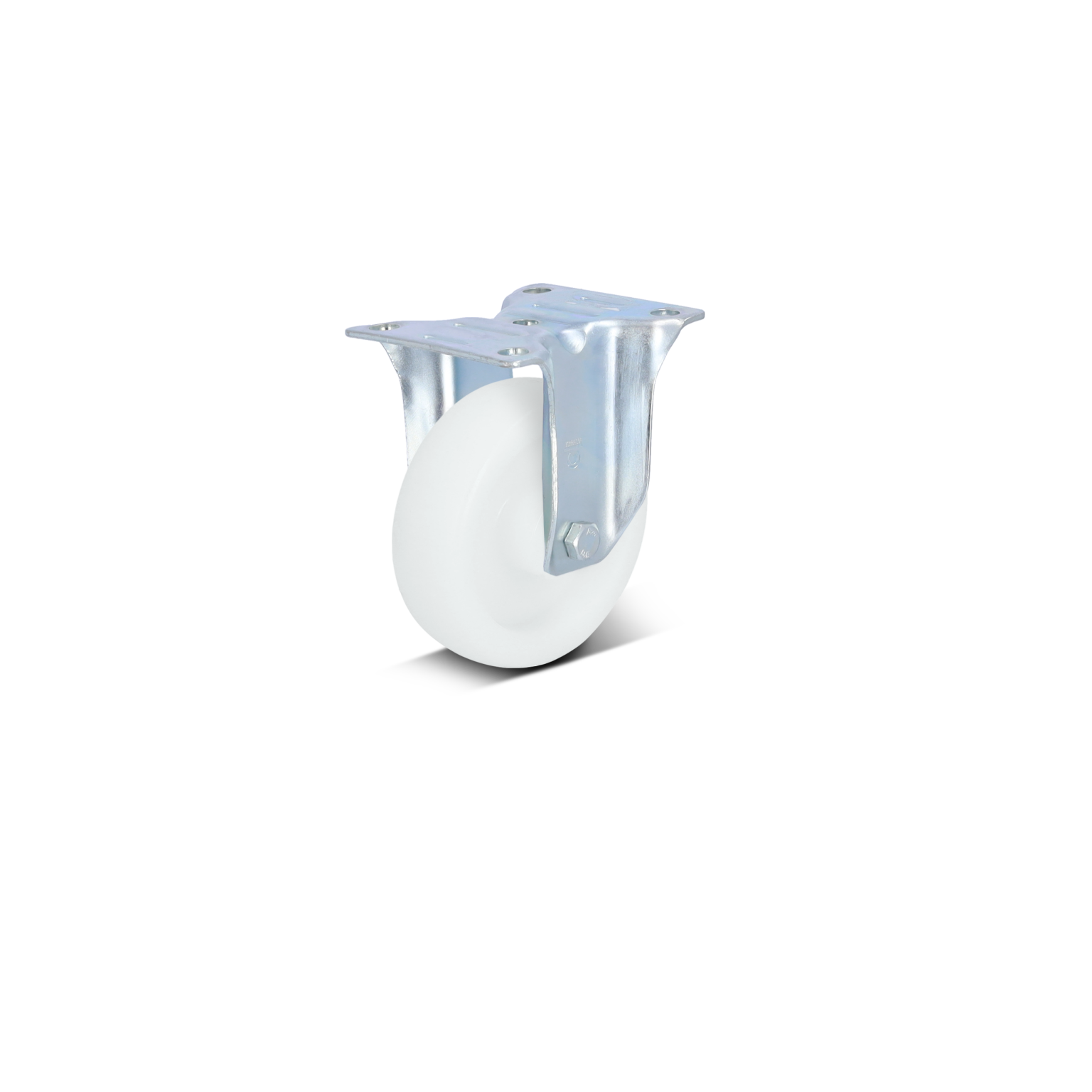 Weißes Rad mit verchromter Metallaufnahme, montiert mit zwei Schrauben. Das Rad ist rund und glatt, ideal für ein bewegliches Möbelstück oder Gerät, vor einem neutralen Hintergrund.