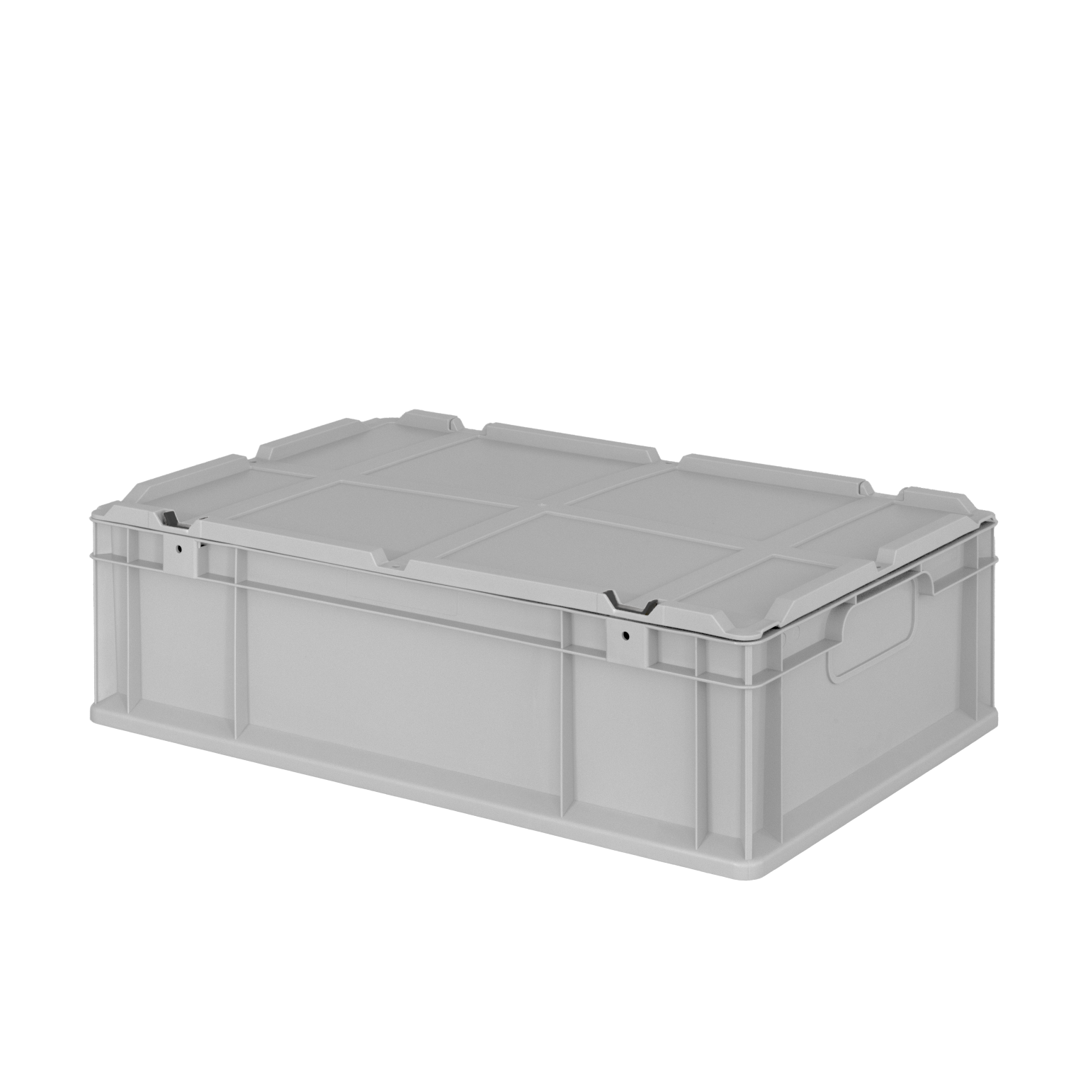 Rectangular plastic container with a gray finish, featuring a flat top and side handles for easy lifting. It is designed for storage and transport, set against a plain background.
