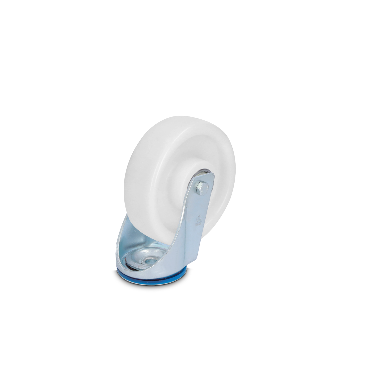 A white industrial wheel is mounted on a silver metal bracket with a swivel design. It features a smooth surface, indicating suitability for use in material handling applications, set against a neutral backdrop.