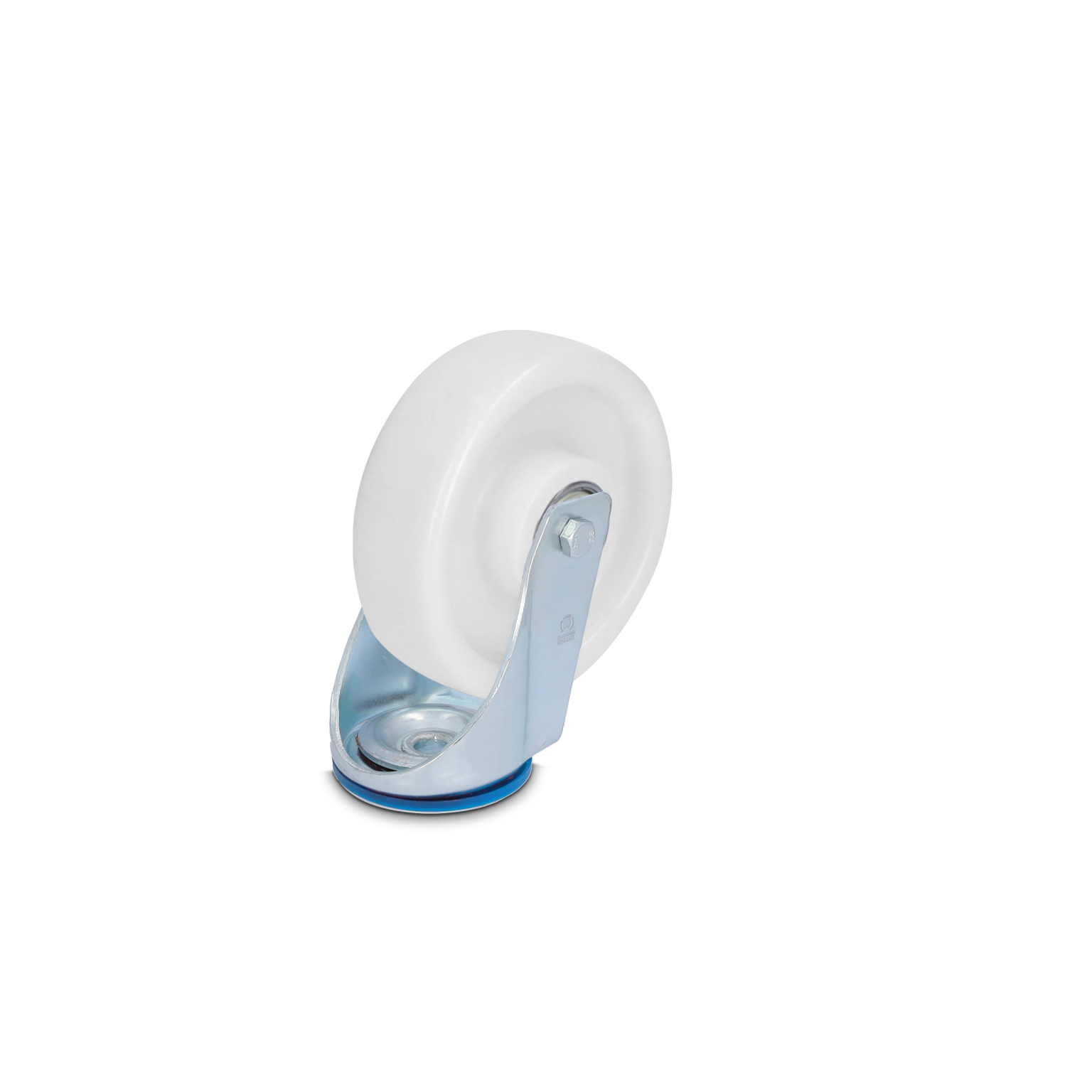 A white industrial wheel is mounted on a silver metal bracket with a swivel design. It features a smooth surface, indicating suitability for use in material handling applications, set against a neutral backdrop.