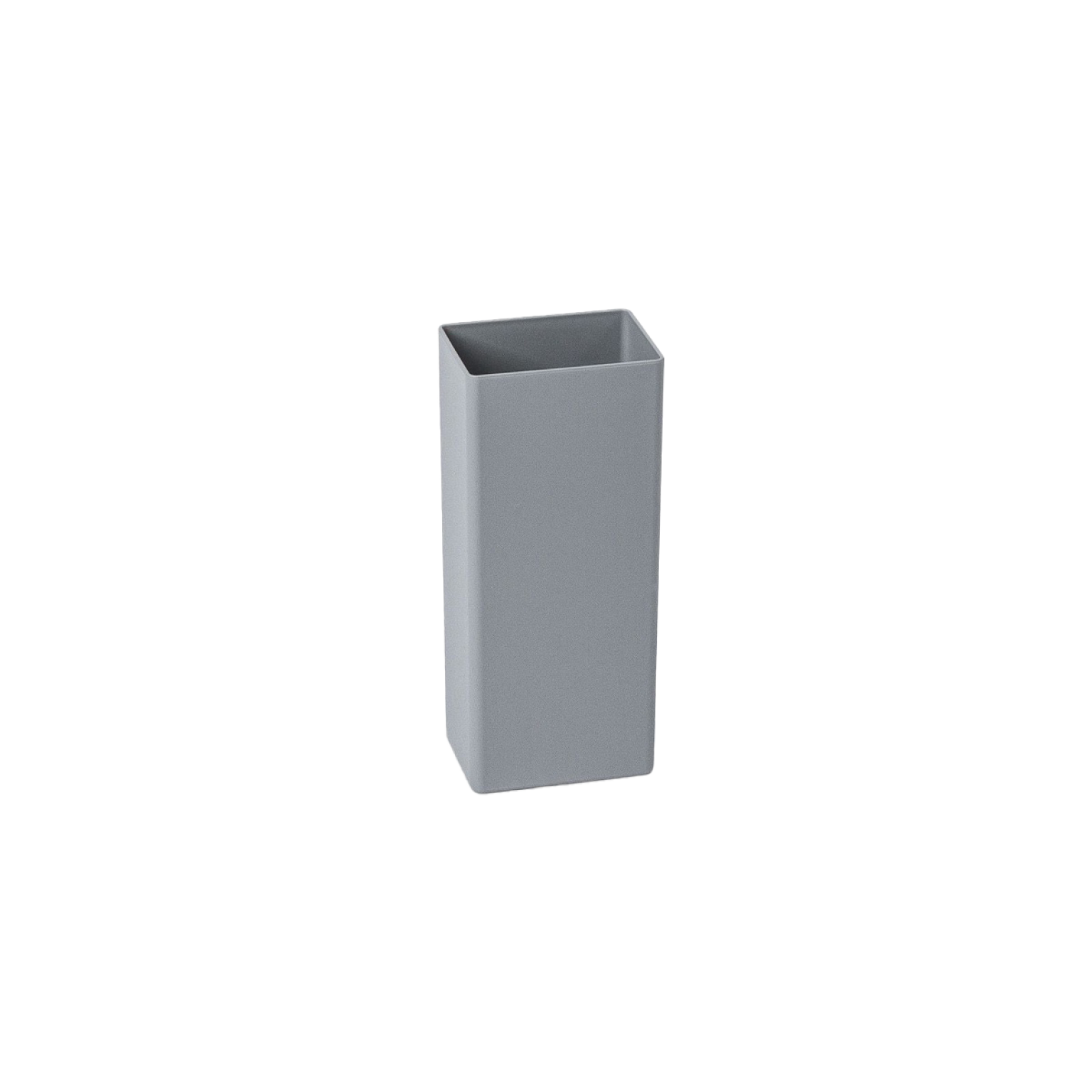 Gray rectangular container with a flat bottom and open top, positioned upright against a plain background. It features smooth sides, suitable for various storage or organizational purposes.