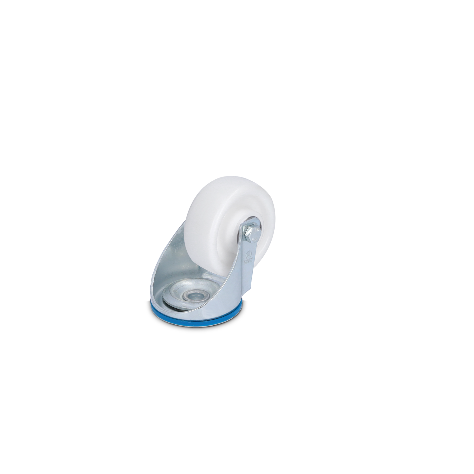 A white plastic swivel castor with a metallic mounting plate is positioned at an angle, showcasing its wheel and attachment points. The background is plain and unobtrusive.