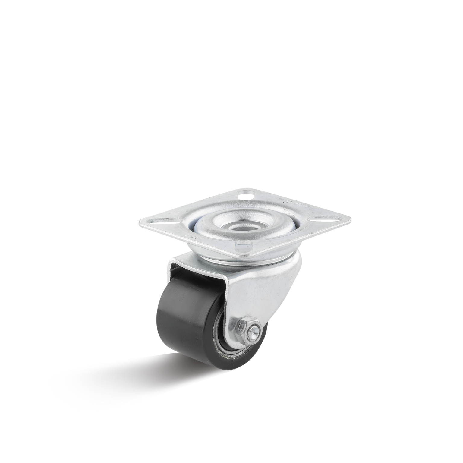 Zwenkwiel met een zwarte rubberen band en een metalen montageplaat. Het wiel is gericht naar voren, geplaatst op een witte achtergrond zonder verdere omgevingsdetails.