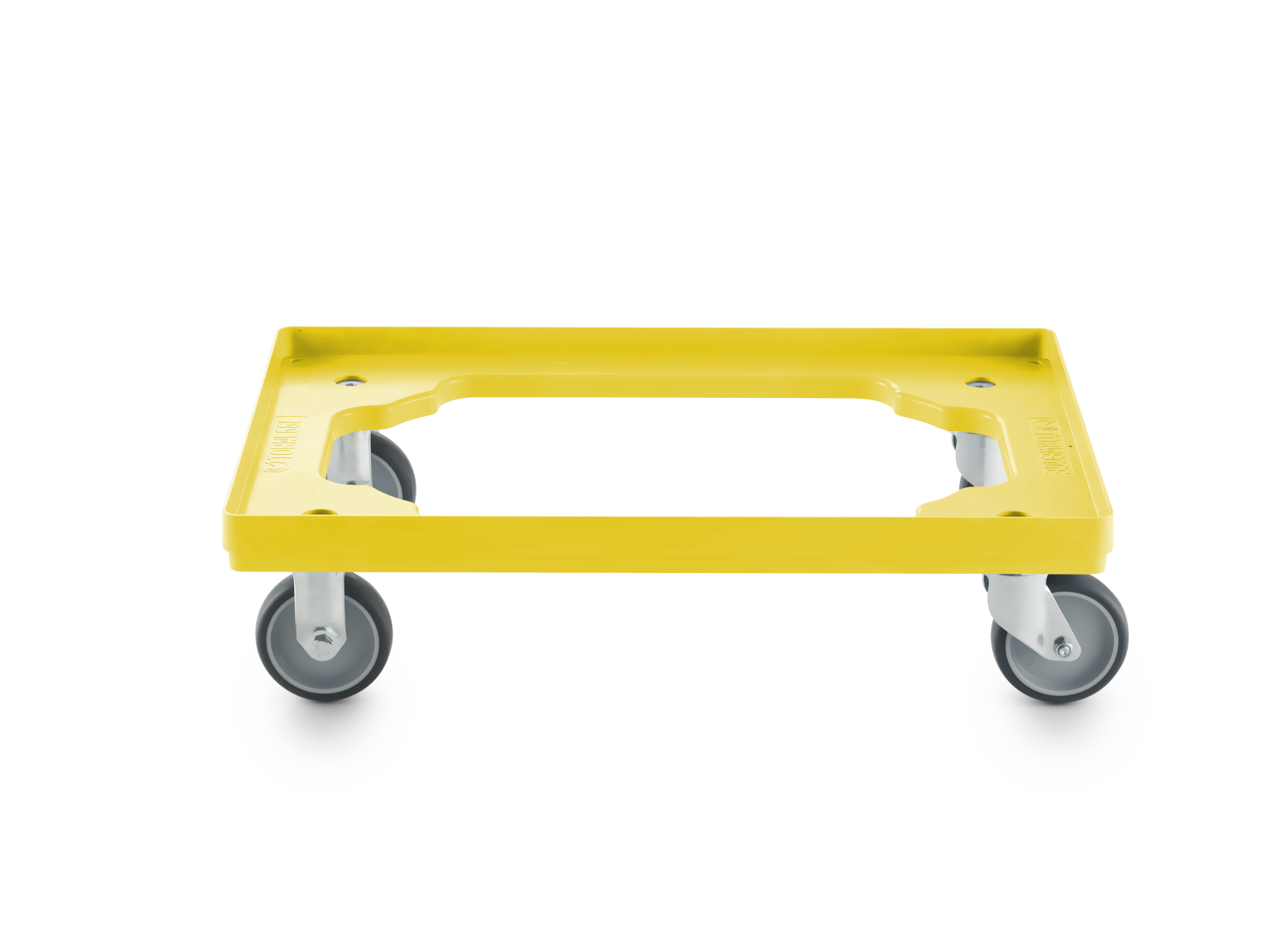 A yellow transport trolley features a rectangular platform with cut-out handles and is equipped with four grey wheels. It is positioned on a plain background, suggesting a functional utility design.