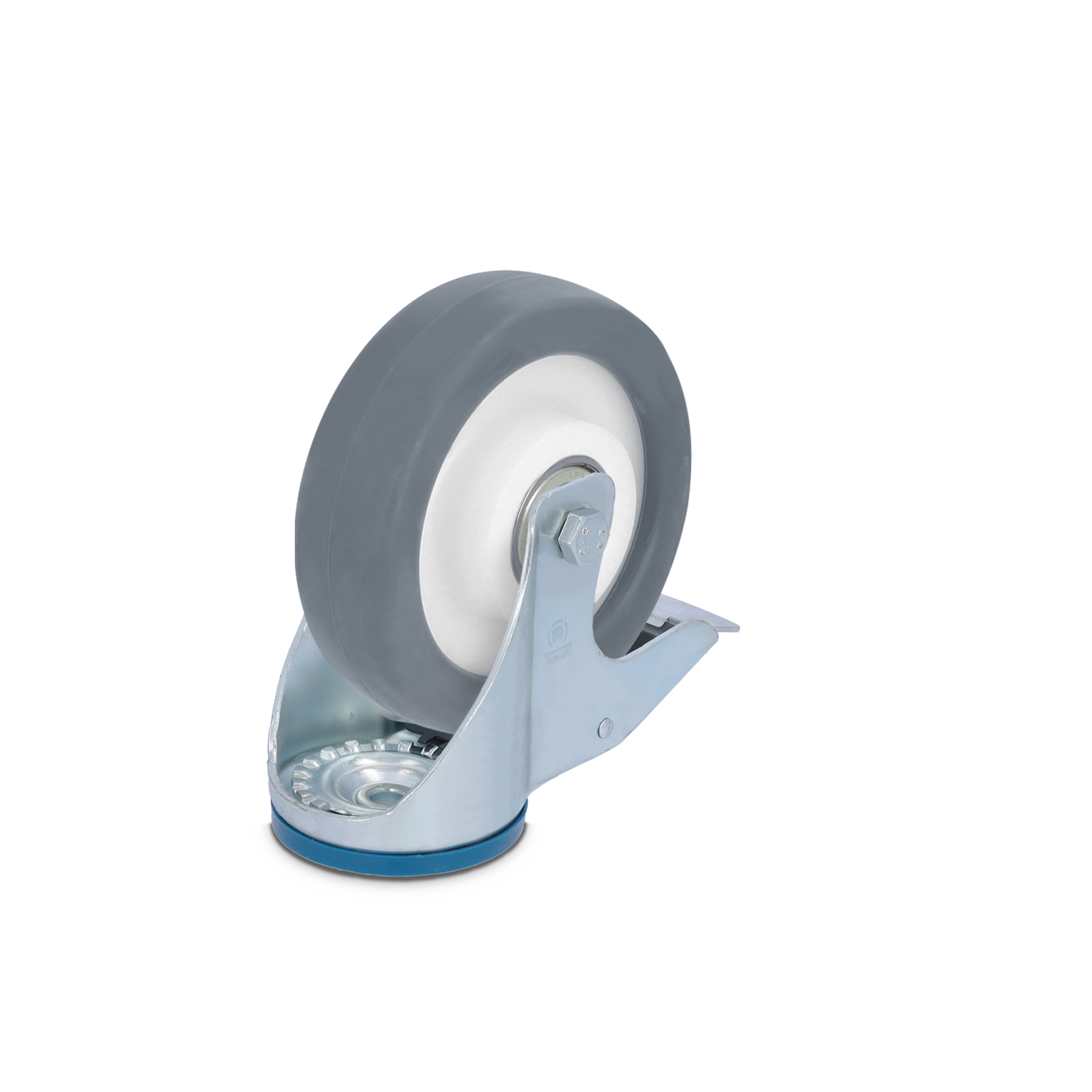 A gray rubber wheel with a white center is mounted on a silver metal bracket. The wheel features a smooth surface for easy movement, designed for industrial use.