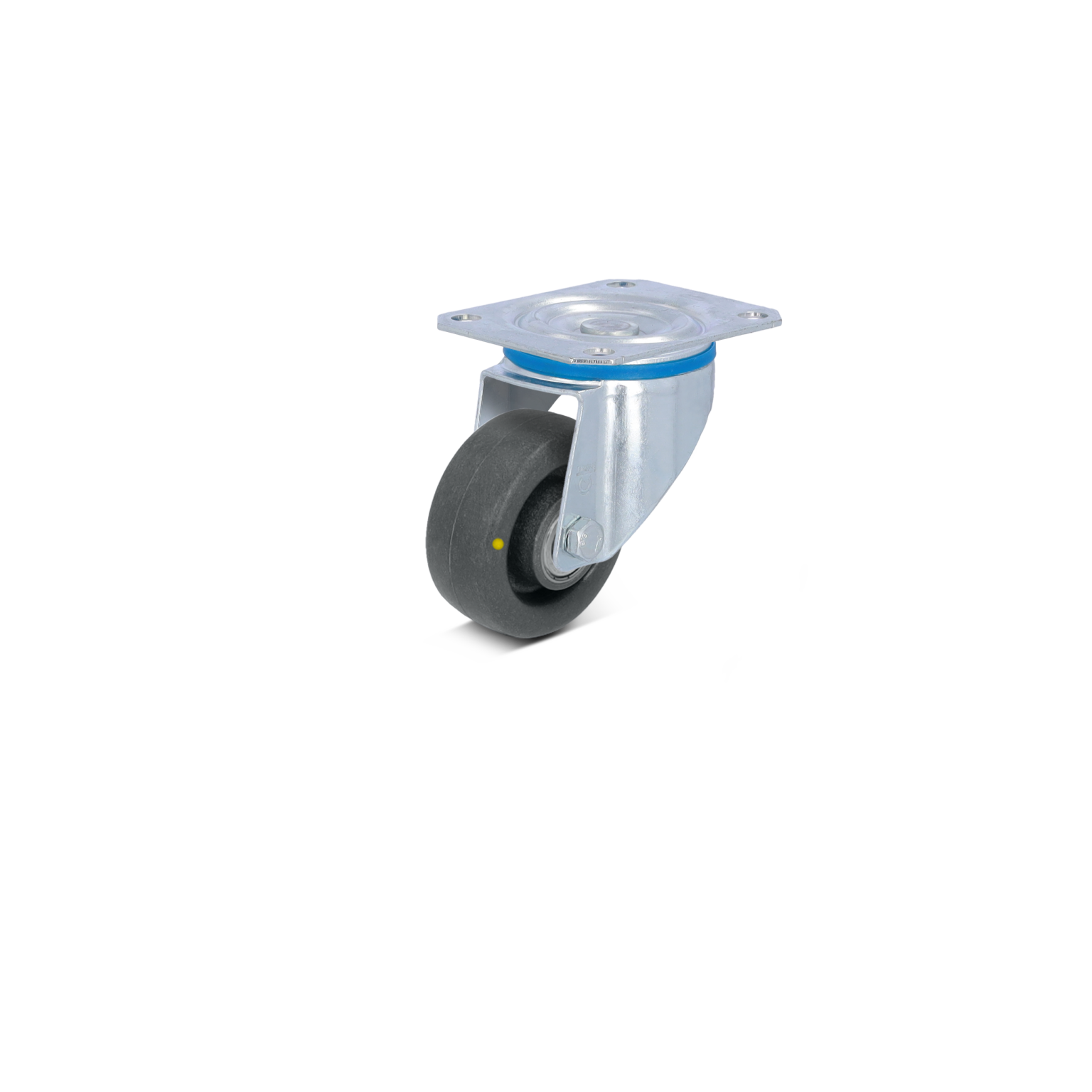 Zwenkwiel met een metalen montageplaat. Het wiel is zwart en gemaakt van rubber, met een gele stip op de zijkant. De context is neutraal, zonder verdere details.