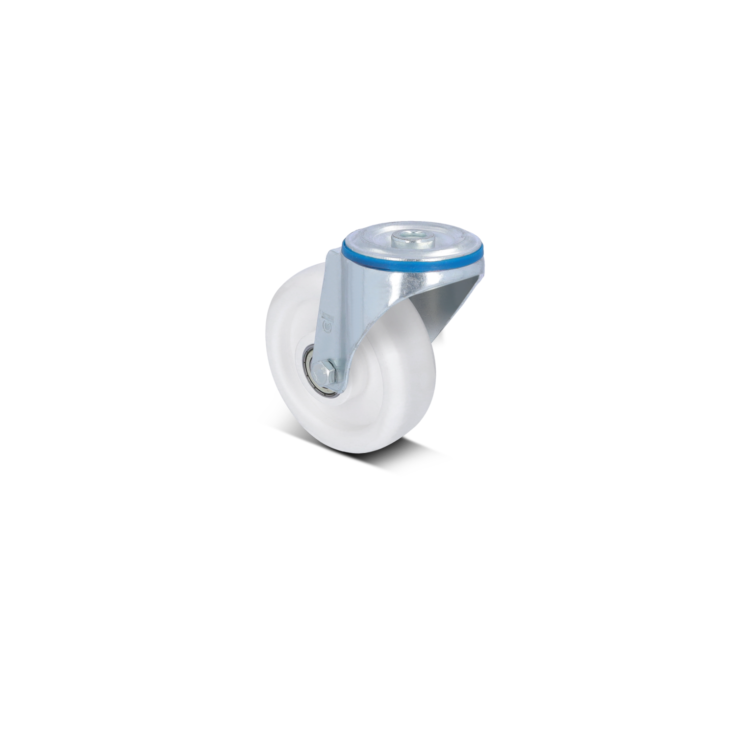 A swivel castor featuring a white plastic wheel and a shiny metal mounting bracket. The wheel includes a blue accent ring and is positioned upright against a neutral background.