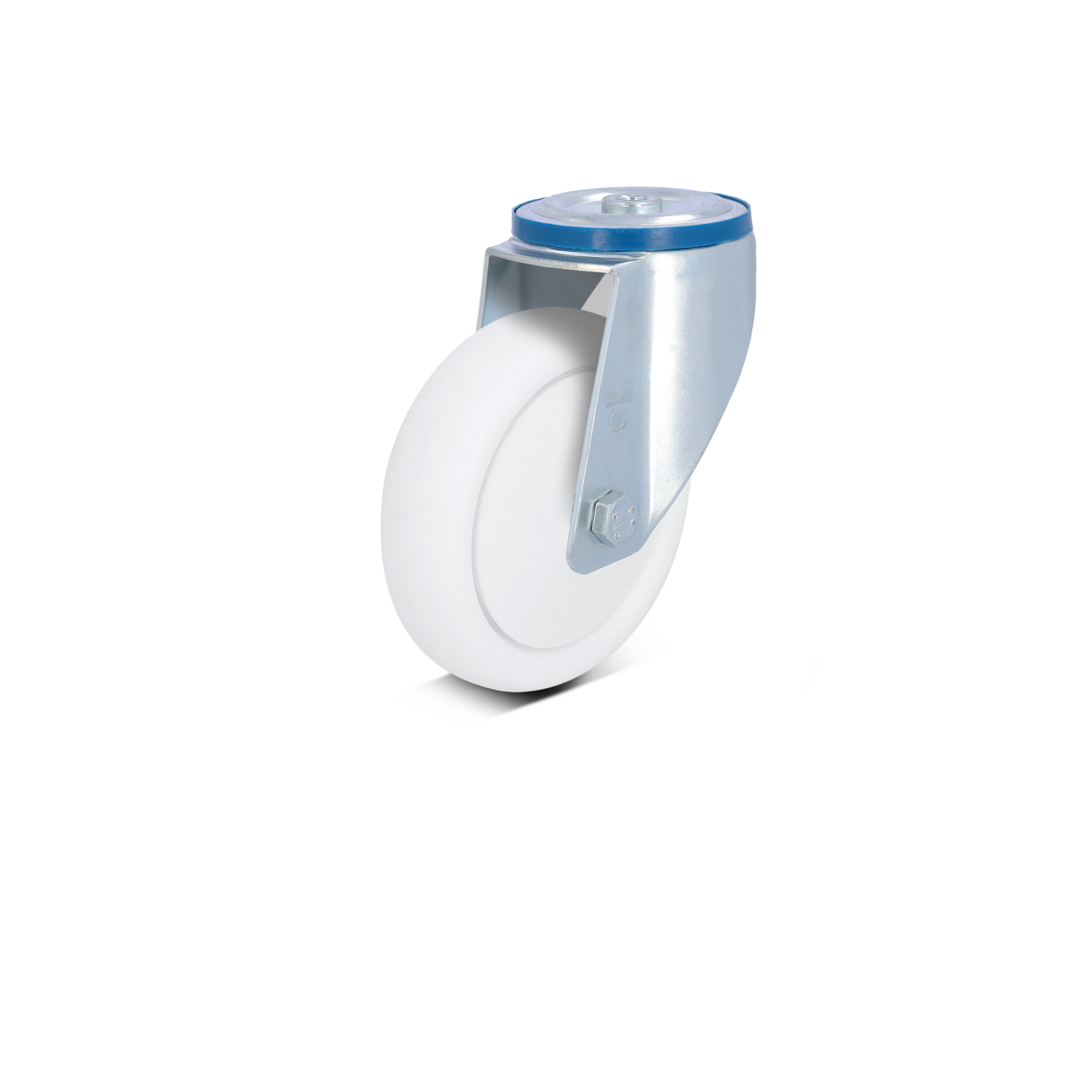 A white industrial wheel is attached to a metal swivel bracket with a blue top plate. The design is simple and functional, suited for material handling applications in various environments.
