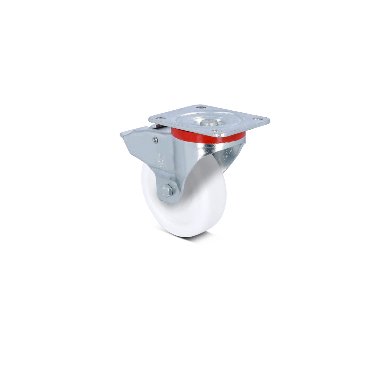 A white industrial castor wheel features a polished metal plate and a swivel mount. It is positioned at an angle, highlighting its smooth surface and durable design against a minimalistic background.