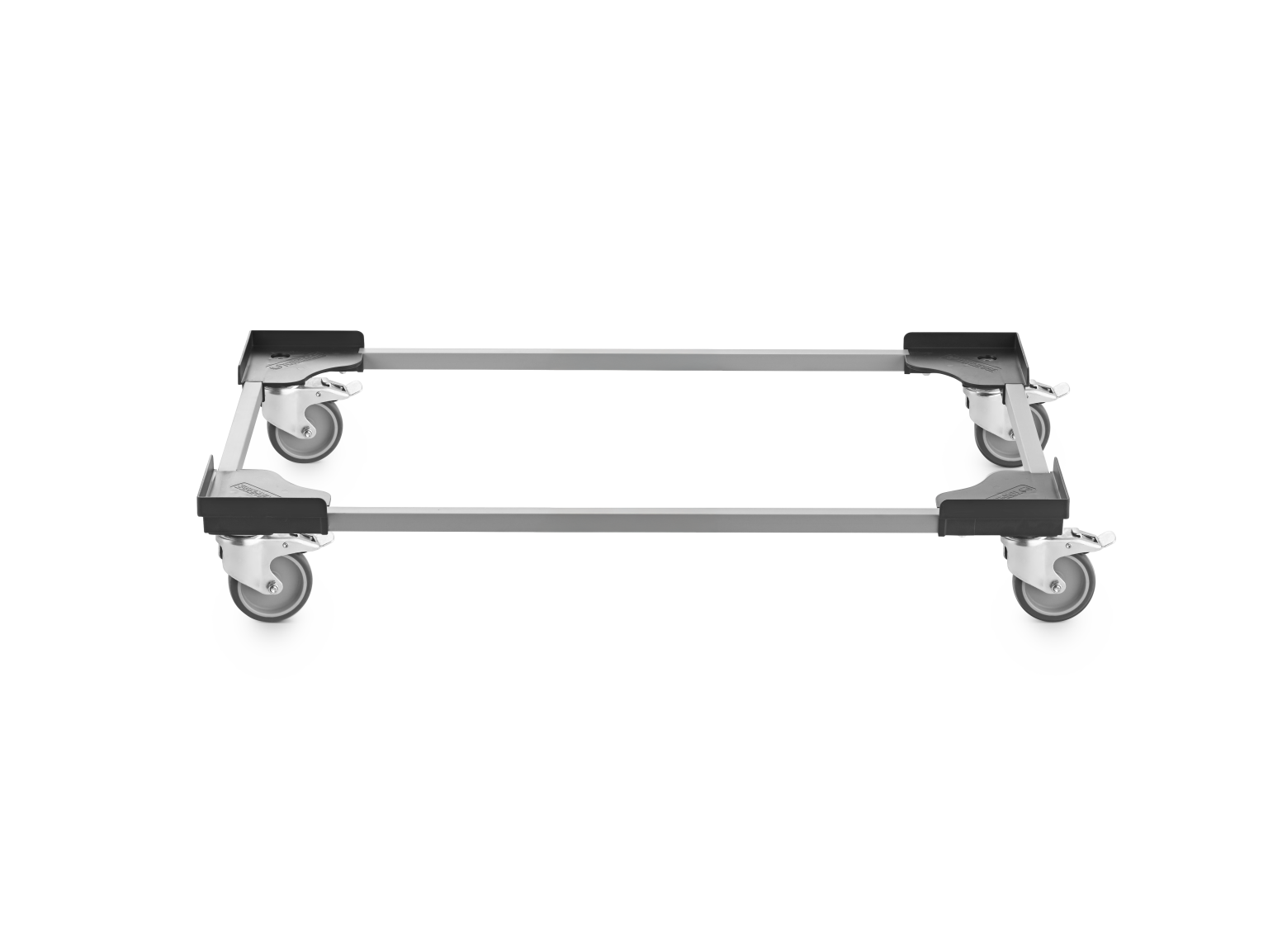 A transport trolley frame features four industrial wheels with mounting brackets, providing mobility and support. It-s designed for efficient movement of heavy loads in an industrial or warehouse context.