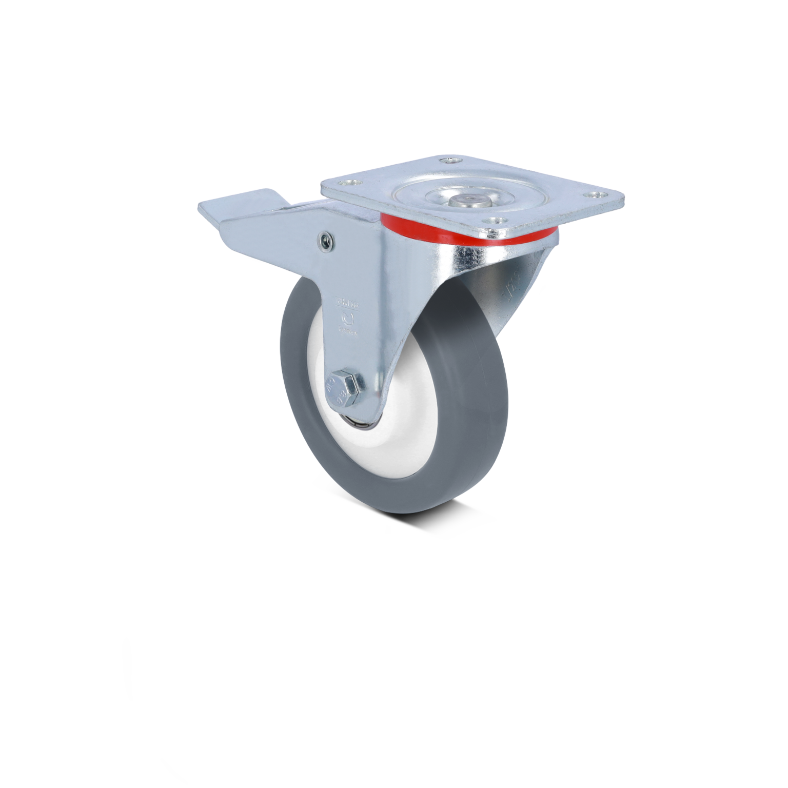 A swivel castor wheel features a grey rubber tire and a shiny metal mounting plate with a red accent. It is positioned upright against a neutral background, suitable for industrial applications.