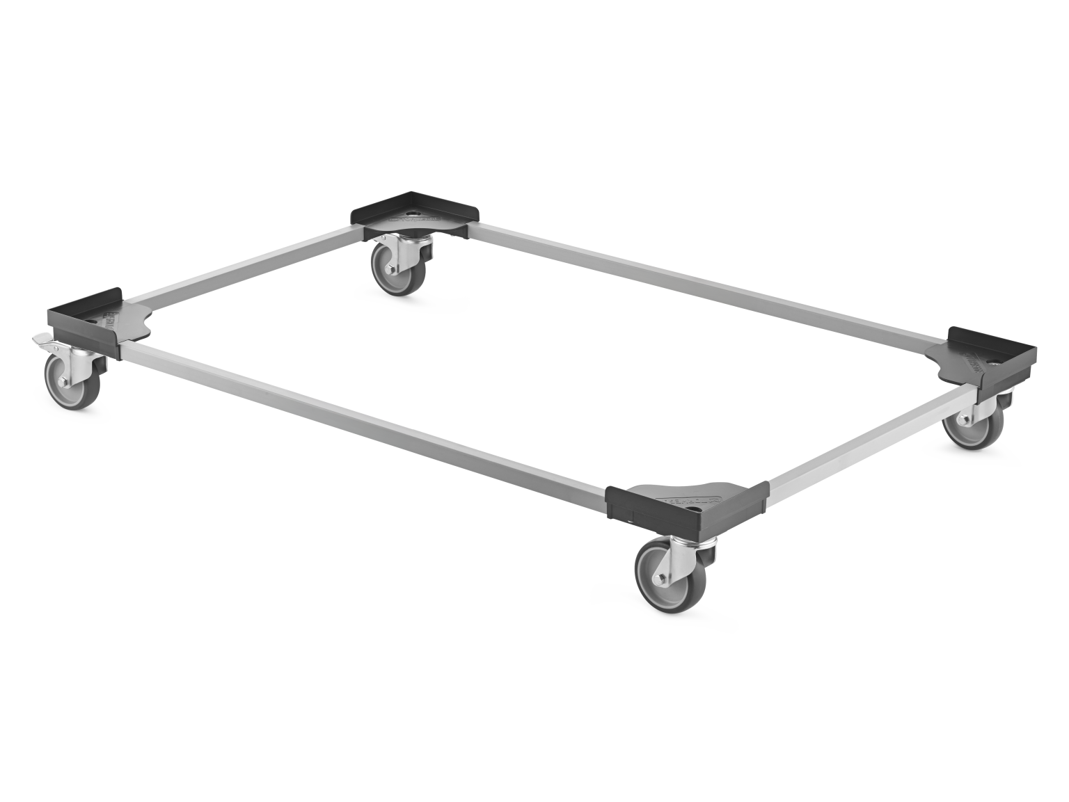A rectangular transport trolley features a metal frame with four corner mounts and swivel wheels. The design allows for easy movement of goods in industrial settings, with a smooth surface for stability.