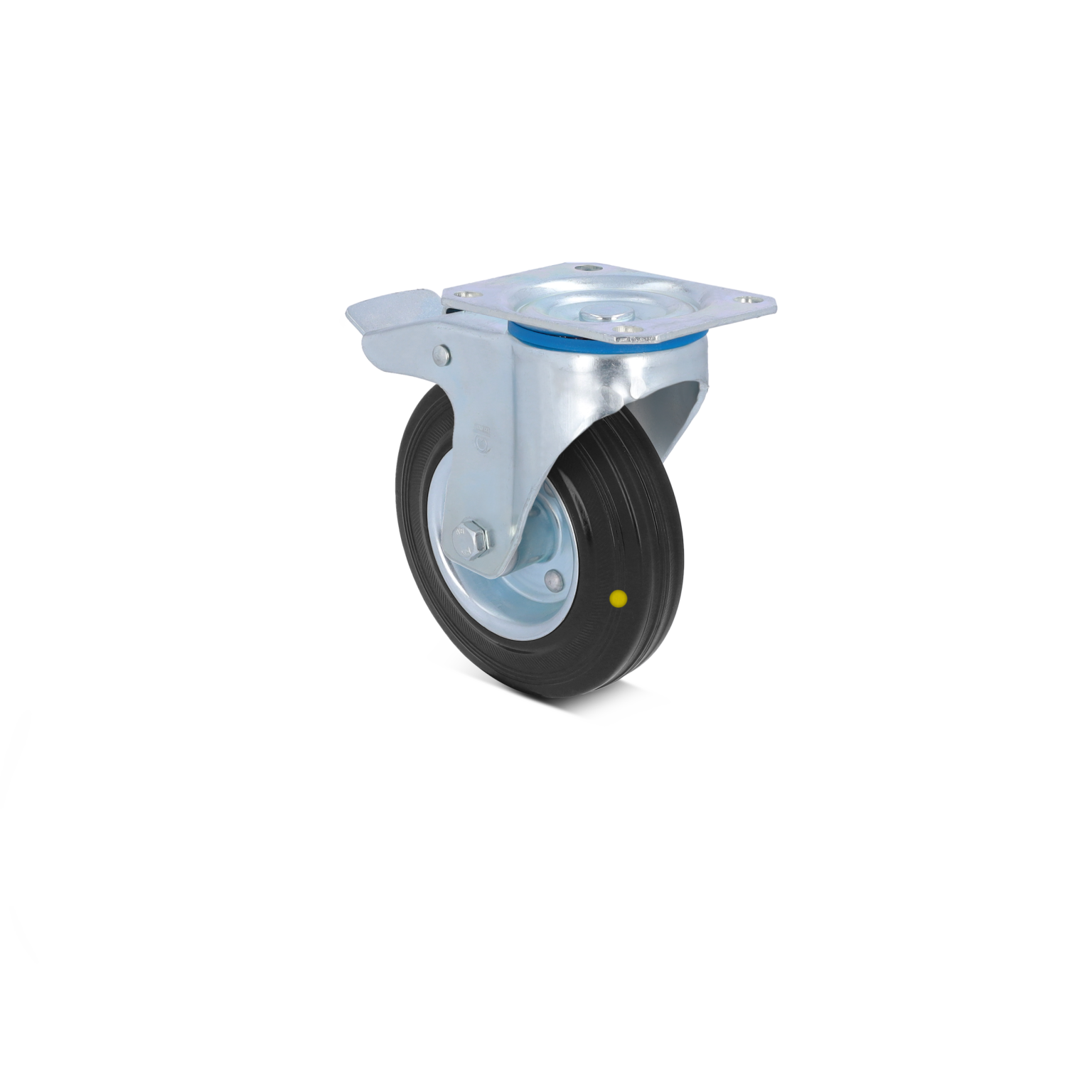 A swivel castor wheel features a black rubber tire and a metal mounting plate. It is positioned upright, showcasing a sturdy design ideal for material handling applications.