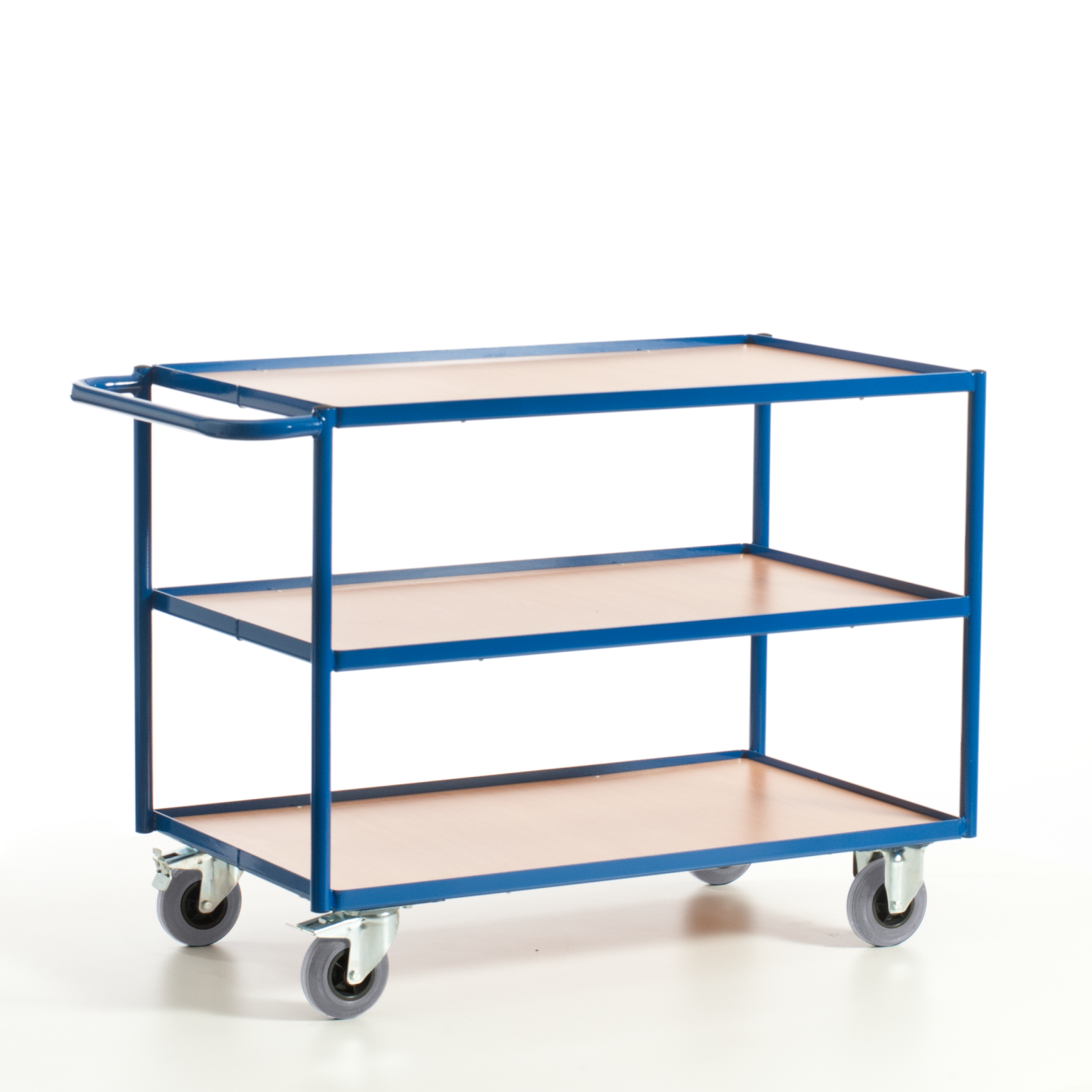 A three-tier transport trolley features a blue metal frame with wooden shelves. It includes a handle for maneuverability and is equipped with four grey swivel castors for ease of movement on a light background.