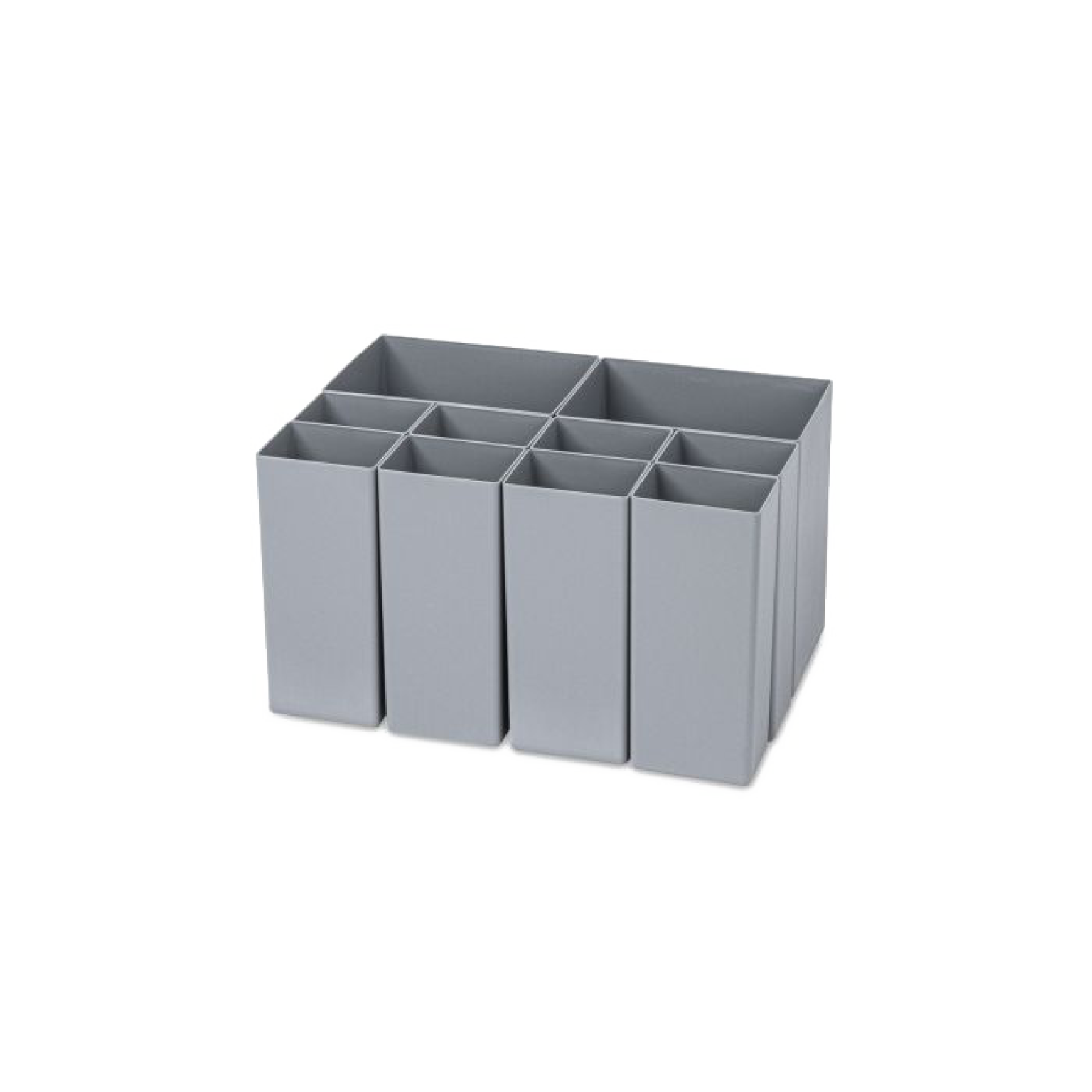 Gray plastic organizer with multiple rectangular compartments, designed for sorting and storing items efficiently. It features several vertical sections, ideal for office or workshop use, placed against a neutral background.