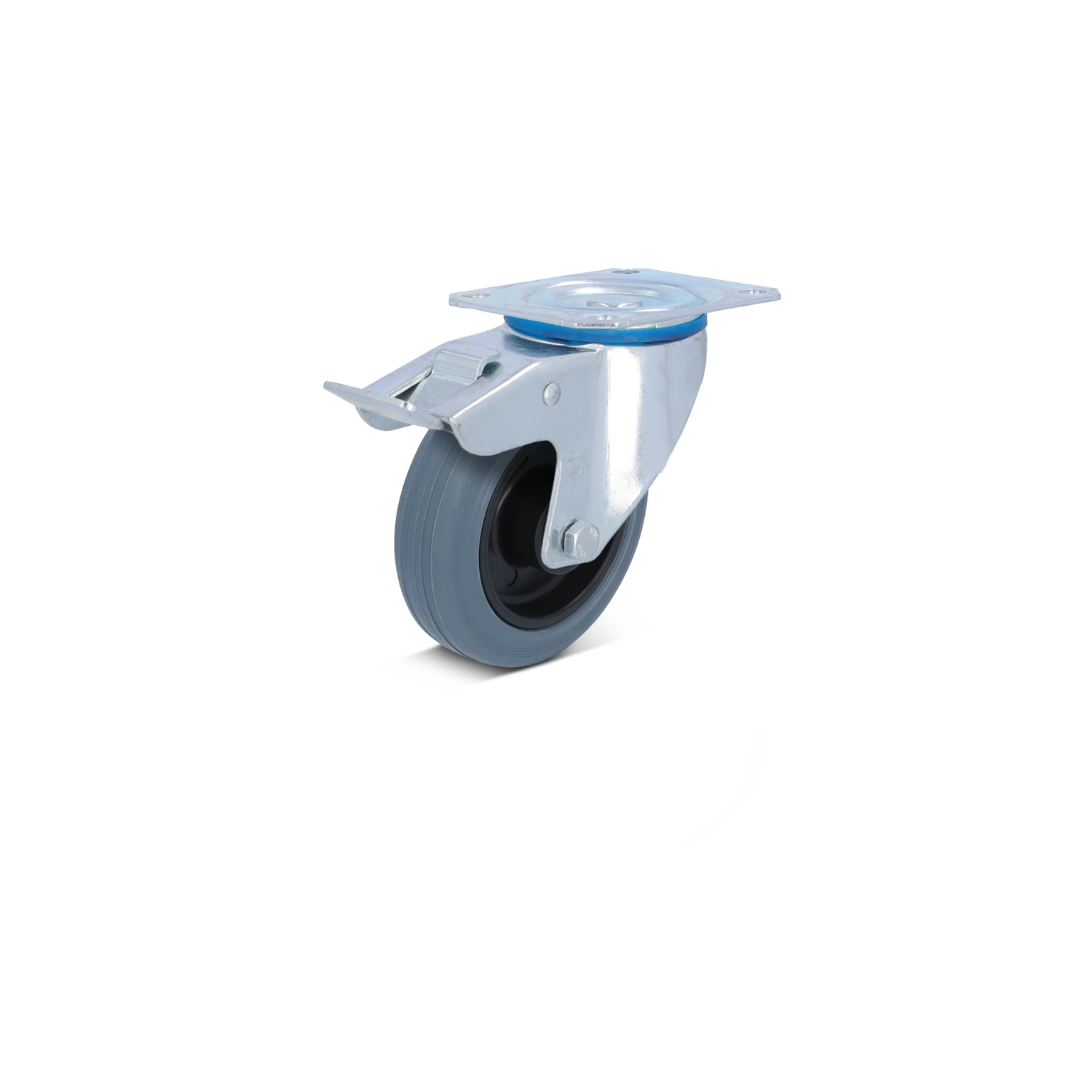 Een grijze kunststof wieltje met een metalen montagesteun. Het wieltje heeft een rubberen band en is in een rechtopstaande positie gepositioneerd op een witte achtergrond.