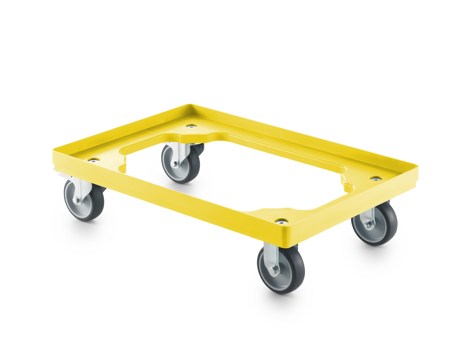Yellow transport trolley featuring a rectangular frame with a raised edge, mounted on four gray swivel castors. The background is plain, focusing on the trolley-s design and usability.