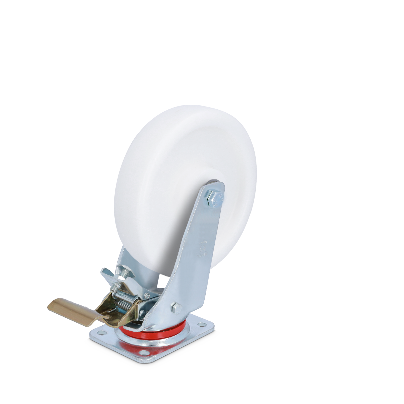 A white industrial wheel mounted on a metal caster assembly. The caster features a spring-loaded locking mechanism and a flat square mounting plate, suitable for use in material handling applications.