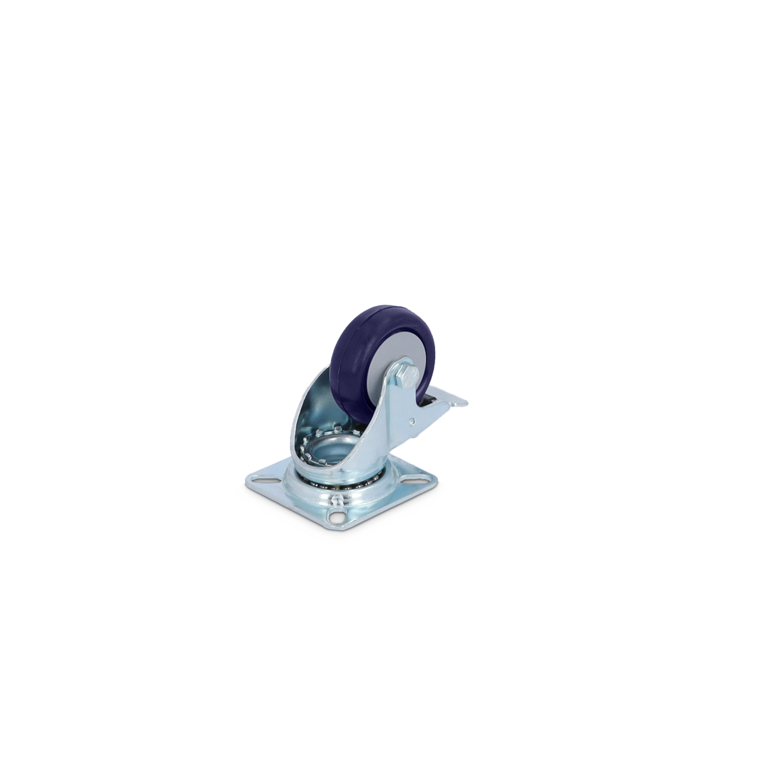 A swivel caster features a purple rubber wheel mounted on a shiny metallic base with a circular plate and multiple bolt holes. The caster is positioned on a blank background.