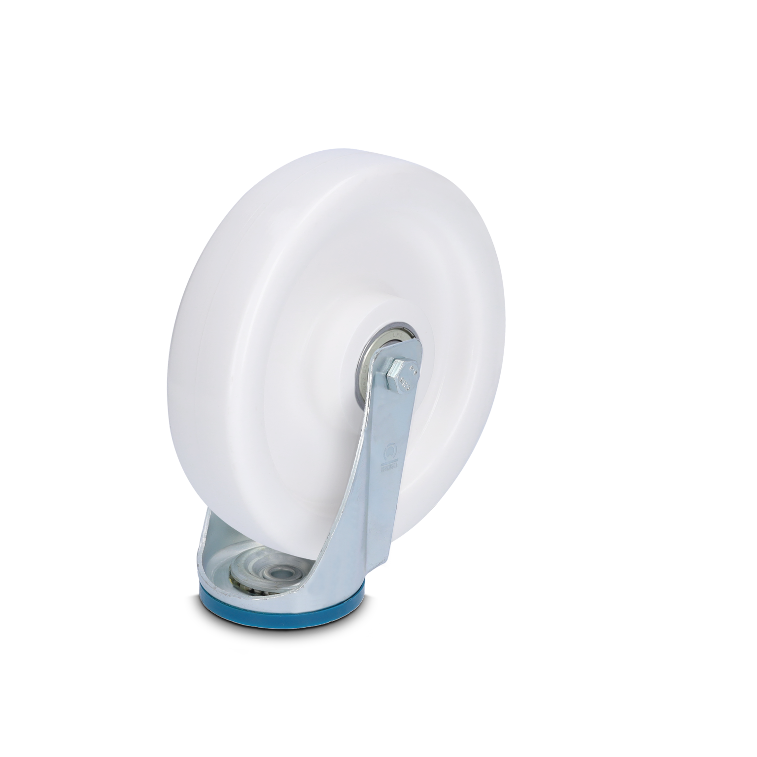 A white industrial wheel is mounted on a metallic bracket with a visible blue base. It features a smooth, rounded surface and is positioned against a black background, highlighting its structure and materials.