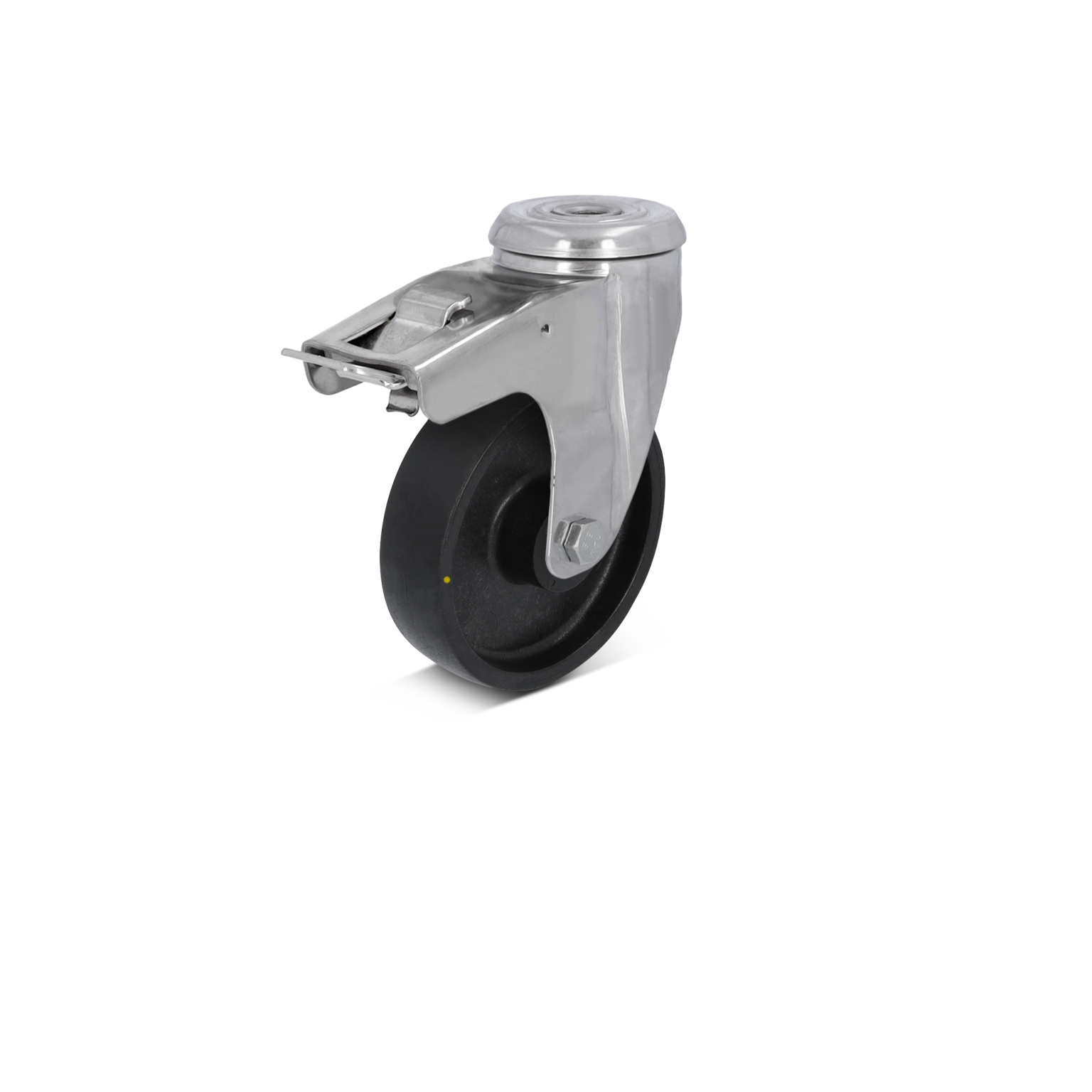 Eine schwarze Gummiradrolle mit einer metallischen Halterung. Die Rolle zeigt zur Seite, die Halterung enthält eine Befestigungsplatte. Der Hintergrund ist neutral und einfarbig.