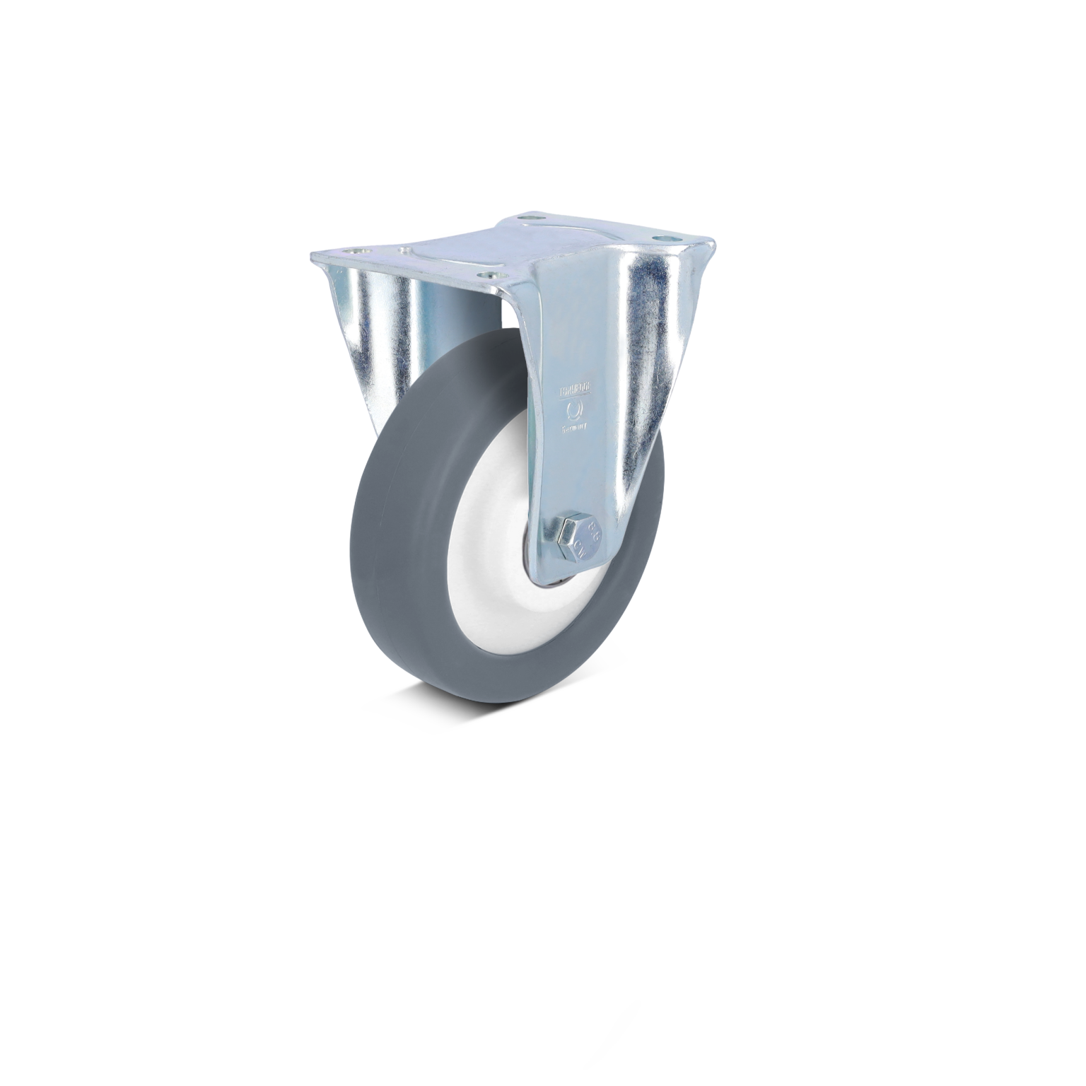A grey rubber wheel is mounted on a metal swivel plate, showcasing a shiny metallic finish. It is designed for use in material handling or transport equipment. The background is minimalistic and plain.