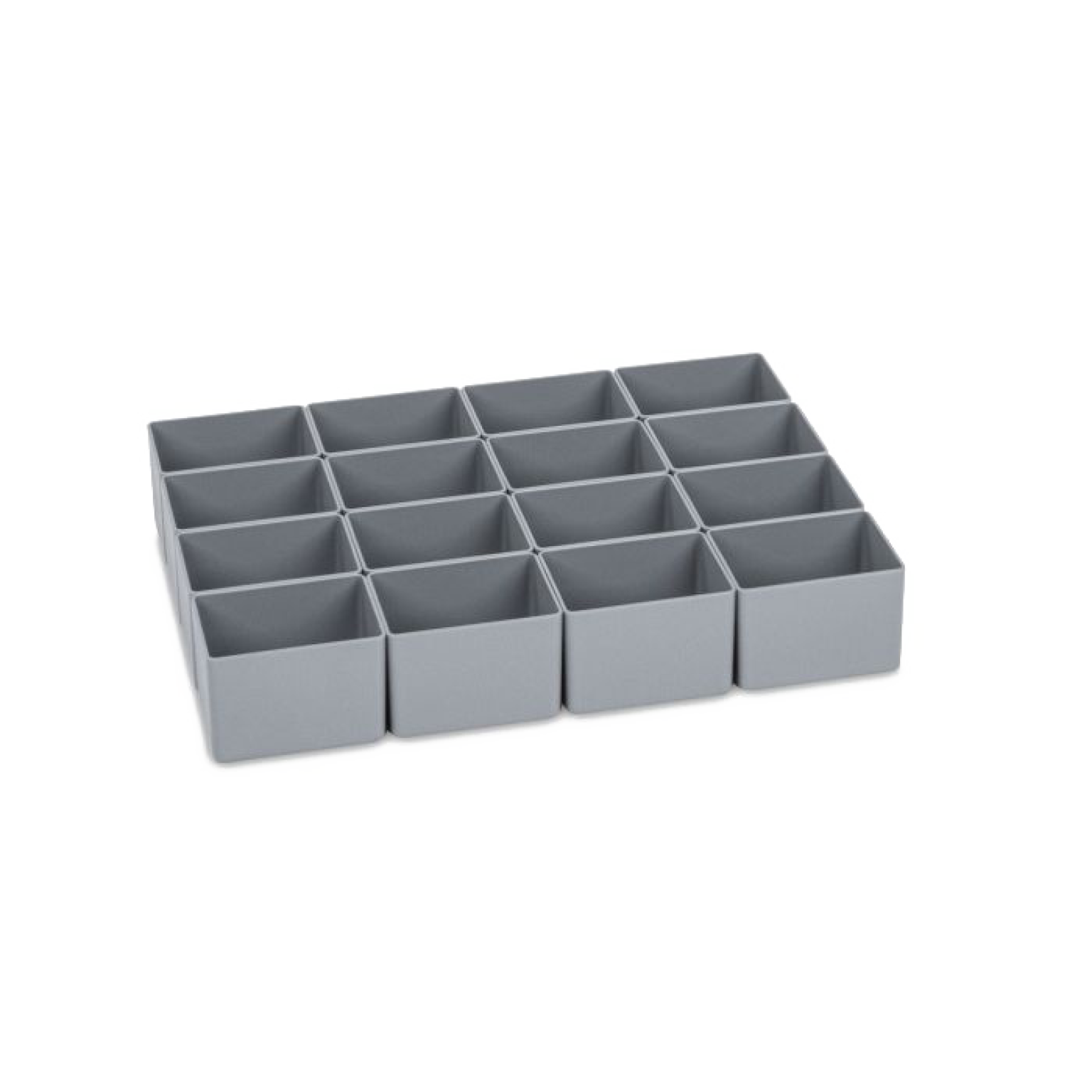 A gray plastic organizer tray features several equally sized compartments arranged in a grid pattern. It is designed for storage and organization, likely within a workshop or industrial setting.