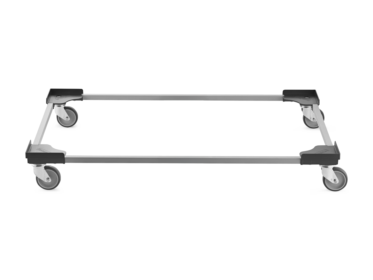 A transport trolley frame features four swivel castors, allowing mobility. It-s constructed with a lightweight, durable material, showcasing a rectangular design suitable for various industrial applications. The background is plain.