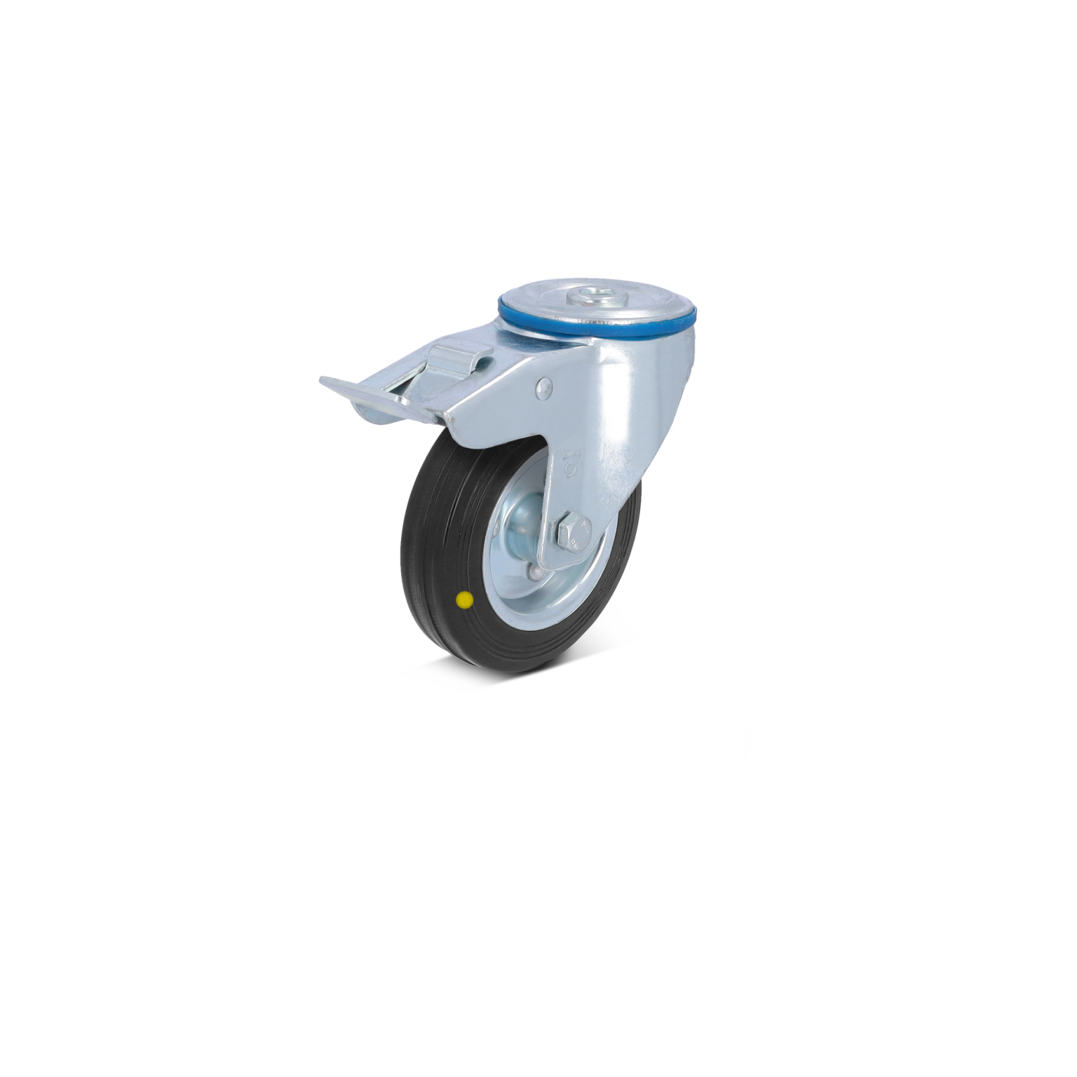 A swivel castor with a black rubber wheel is shown. The wheel has a silver metal frame with a mounting plate, designed for mobility in industrial applications.