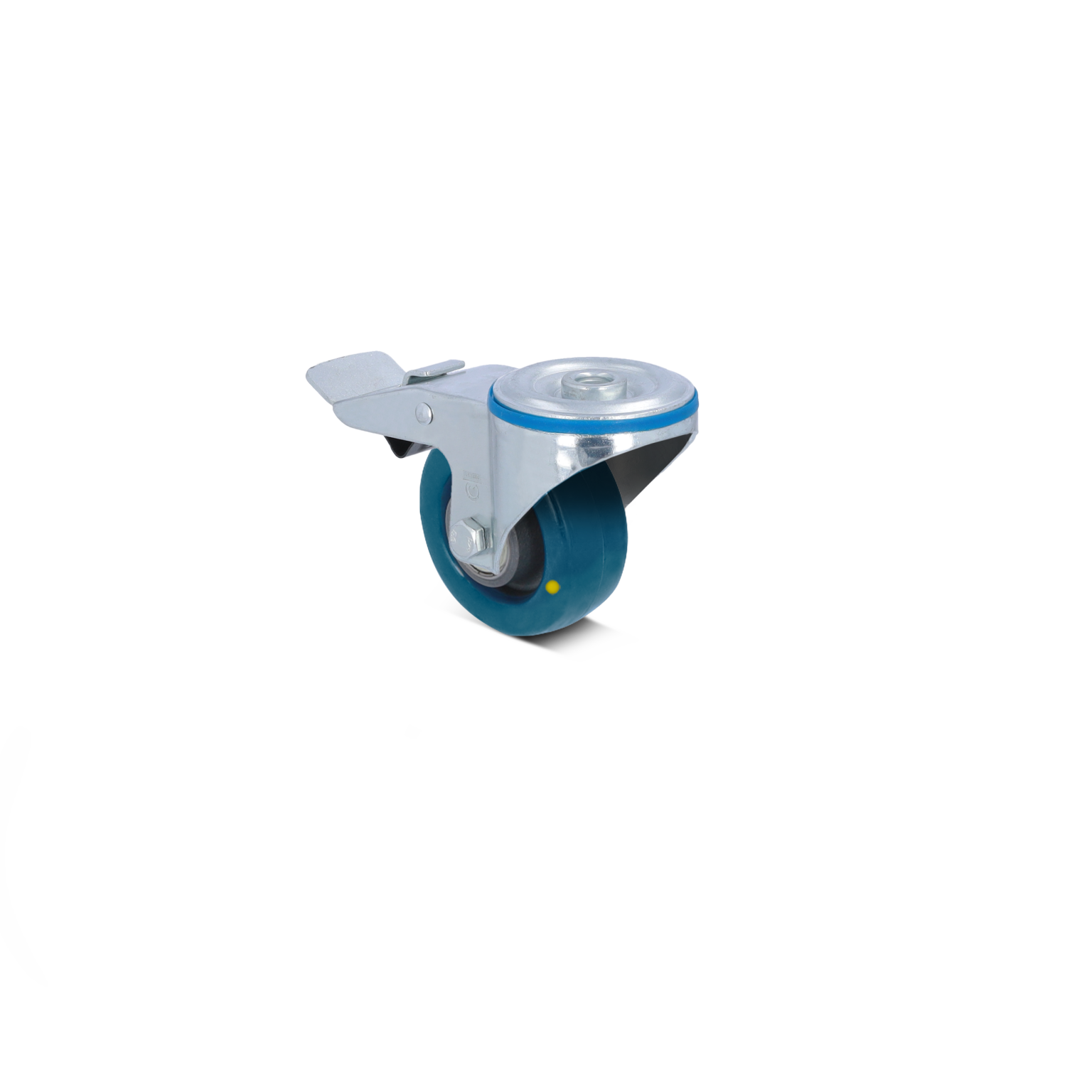 Rollerbeugel met een blauwe rubberen wieltje, voorzien van een metalen, glanzende bevestiging met een rem. De achtergrond is eenvoudig en onduidelijk, wat de aandacht op het wieltje vestigt.
