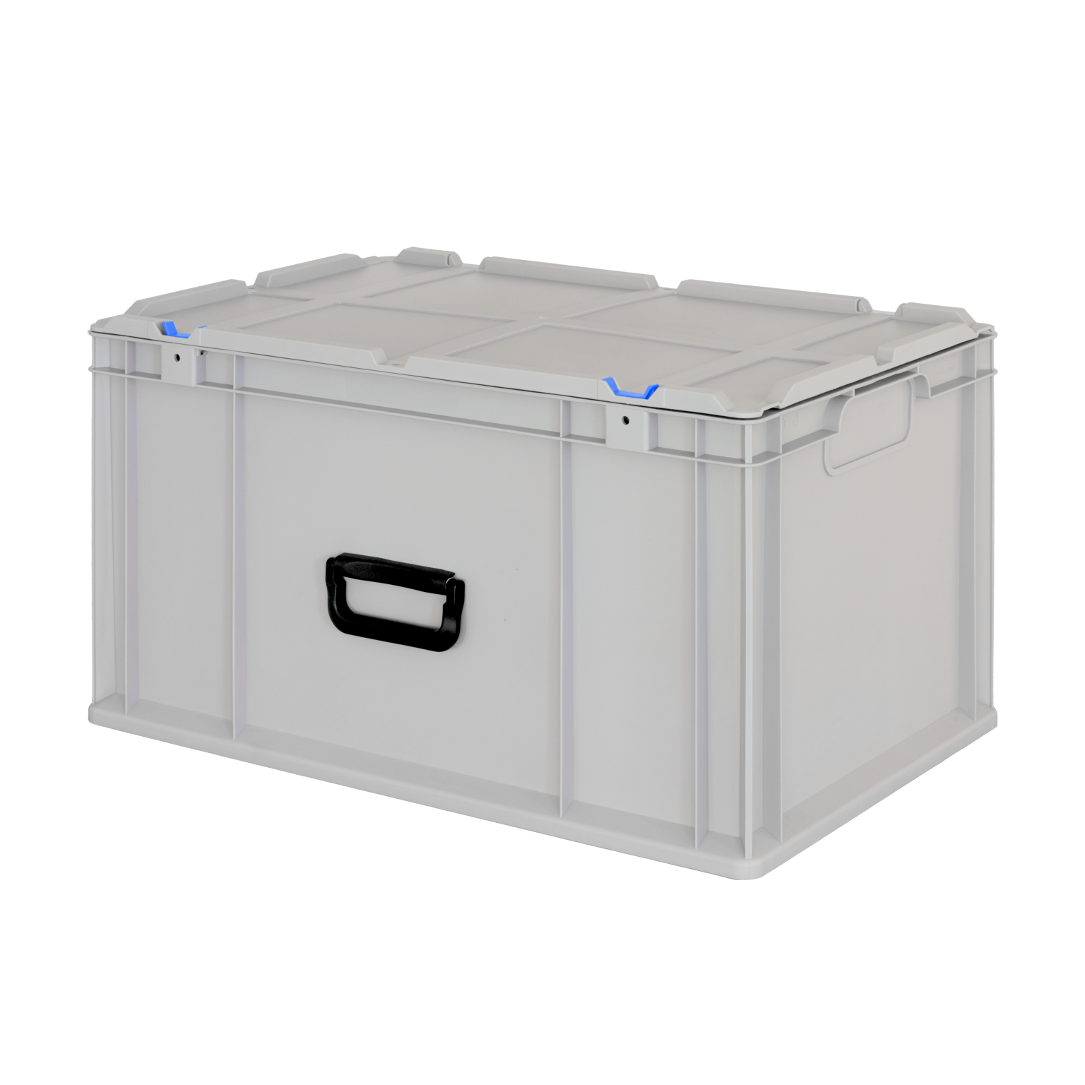 A rectangular plastic storage box with a transparent lid, featuring blue clips on top and a black handle on the front. It-s positioned against a neutral background emphasizing its design.