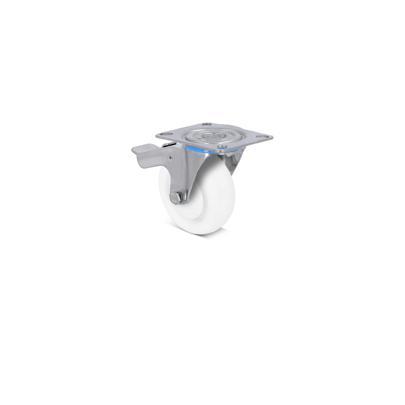 A metal plate mounting with a swivel caster features a white wheel made of solid material. The wheel is supported by a chrome finish bracket, set against a contrasting background.